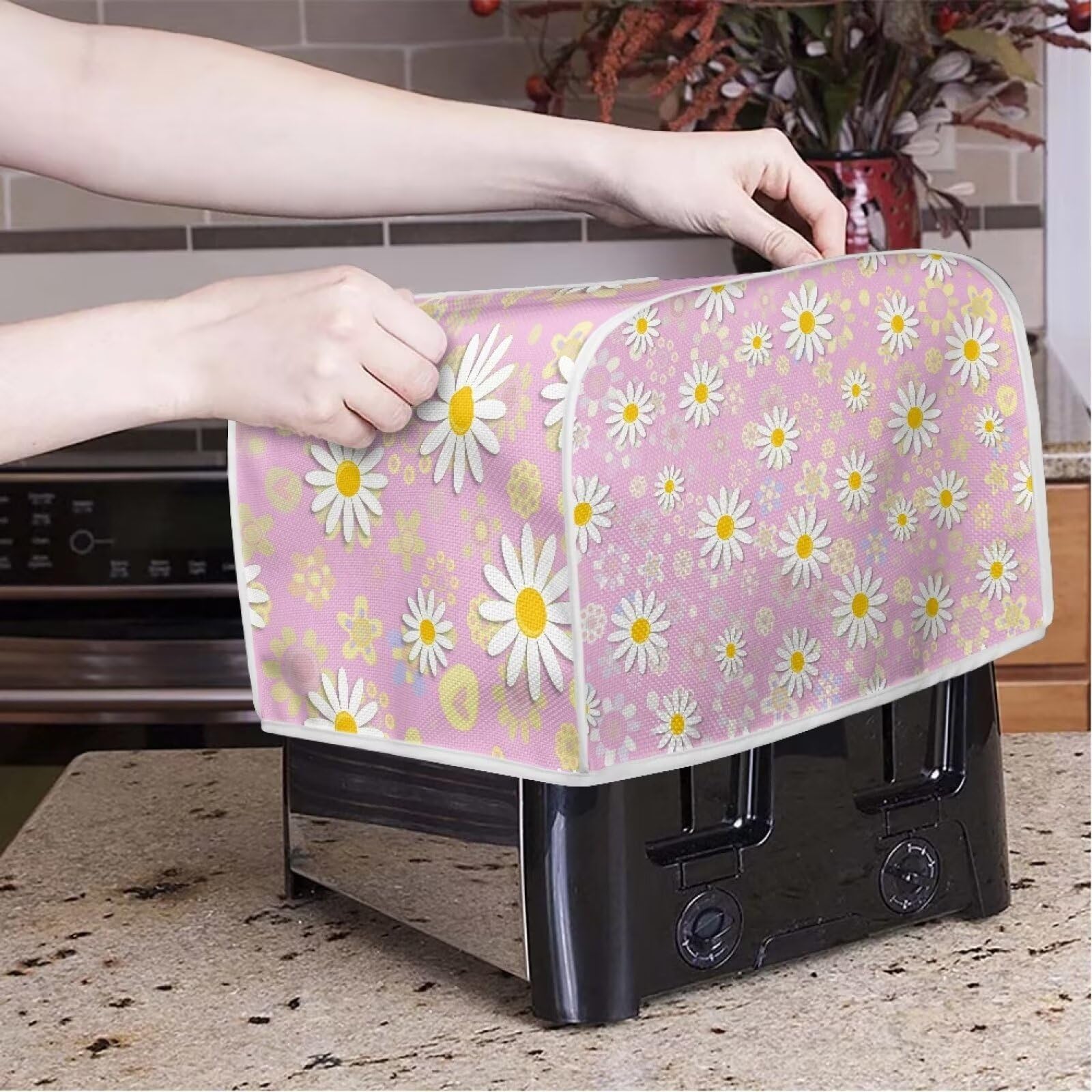 Daisy Print 4-Slice Bread Maker Cover - Anti-Dust & Fingerproof Toaster Cover for Kitchen Appliances - Washable Oven Decorative Accessory - Perfect for Home Baking & Kitchen Organization