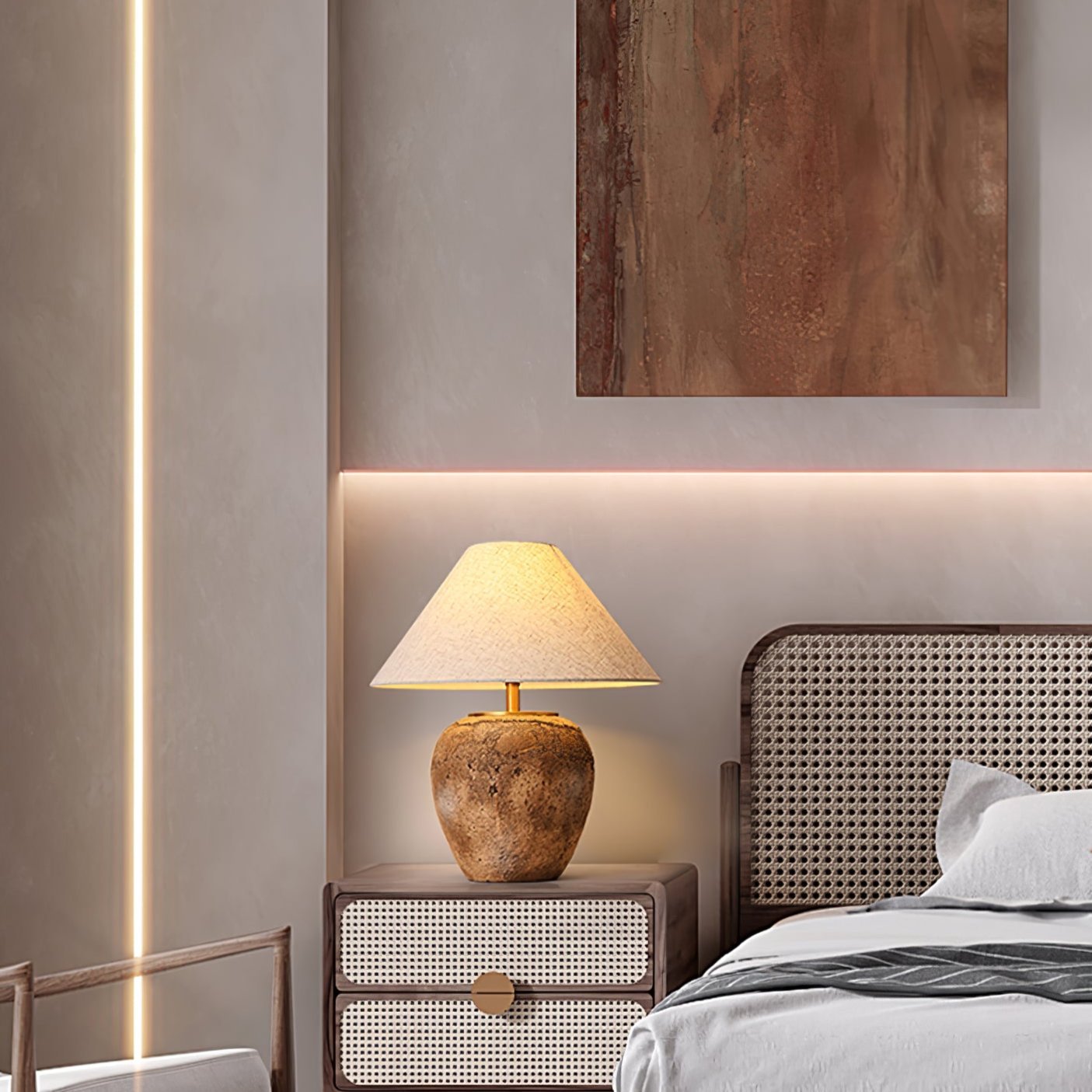 Emery Terra Table Lamp - Modern Ceramic Bedside Lamp with Fabric Shade for Living Room, Bedroom & Office Decor