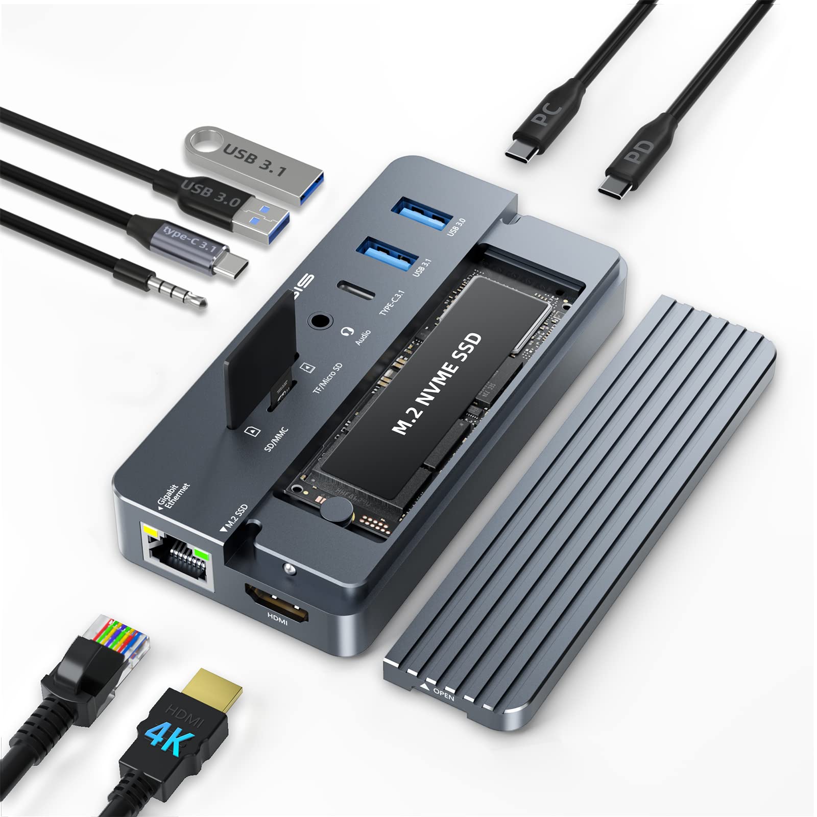 ACASIS 10-in-1 USB C Hub Multiport Adapter with 4K60Hz HDMI, 100W PD, Gigabit Ethernet, SD/TF Card Reader, 10Gbps USB C/A Ports - USB C Docking Station for MacBook Pro/Air, Dell XPS, HP Spectre, Surface Pro (Home Office & Gaming Setup)