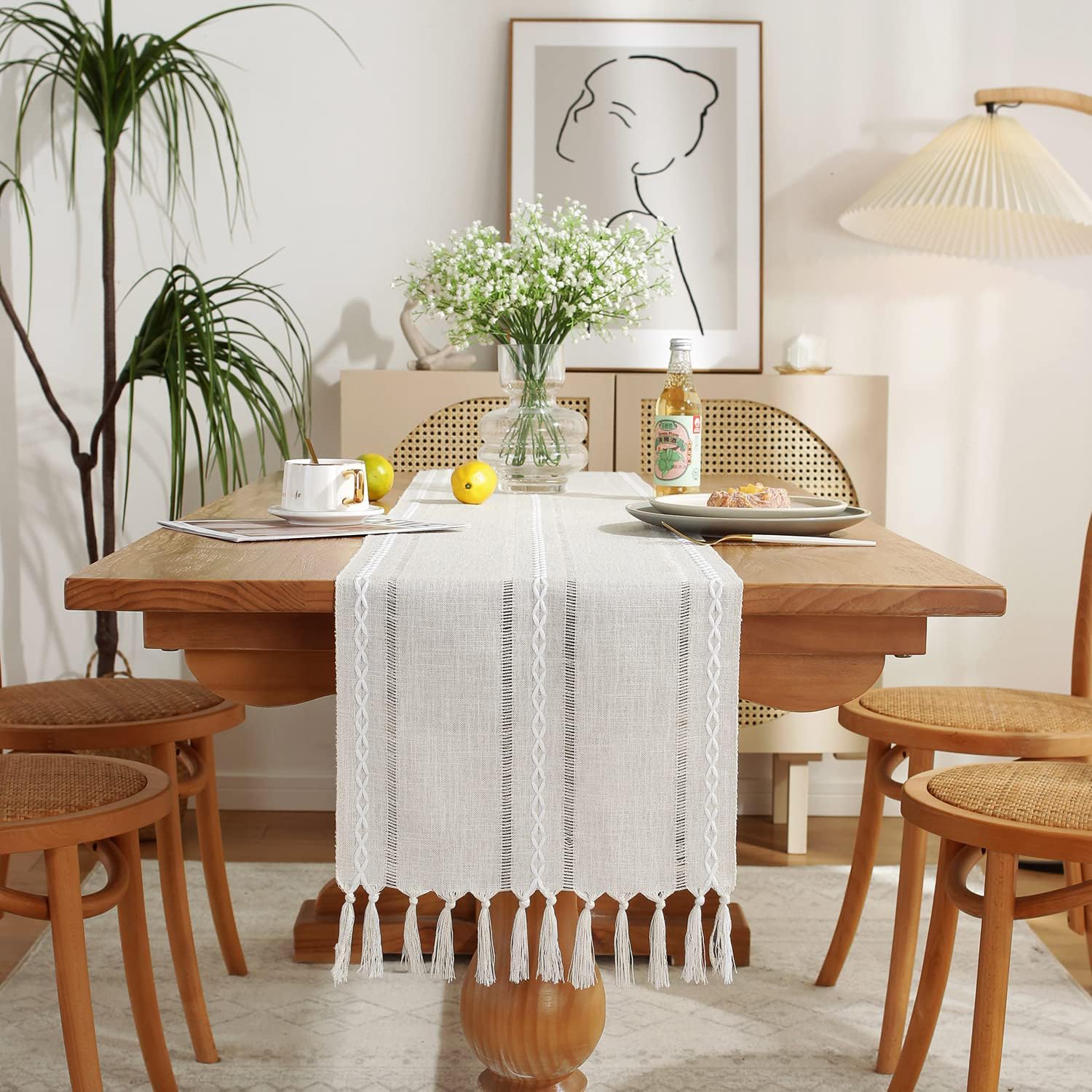 Wracra Rustic Hemstitch Linen Table Runner 90 Inches Long with Tassels - Farmhouse Style Dining Table Decor for Kitchen, Coffee Table, Party & Dresser - Ivory 13×90 Inches - Perfect for Weddings, Holidays & Home Decor