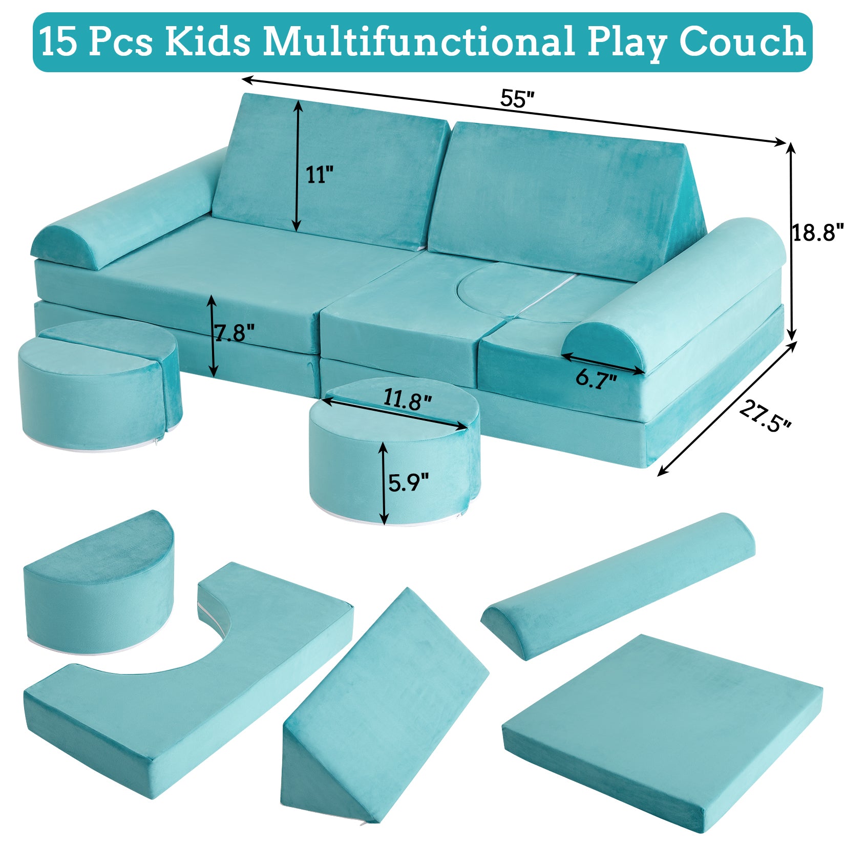 GARVEE 15Pcs Modular Kids Play Couch - Convertible Foam Sofa for Toddlers & Children | Creative Playroom Furniture for Boys & Girls in Teal | Perfect for Indoor Play, Reading Nook & Imaginative Playtime