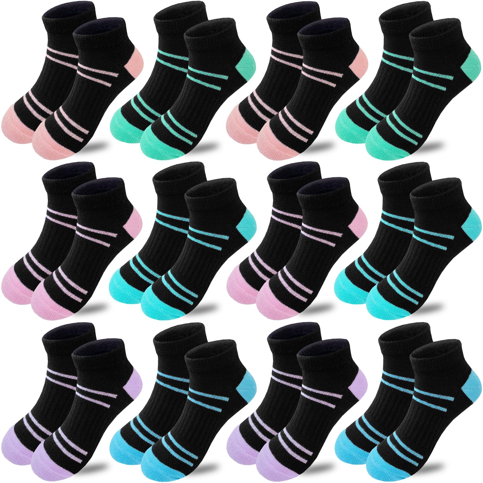 Bemeol 12 Pairs Girls Athletic Socks - Low Cut Ankle Cotton Sports Socks for Kids - Perfect for Running, School & Daily Activities