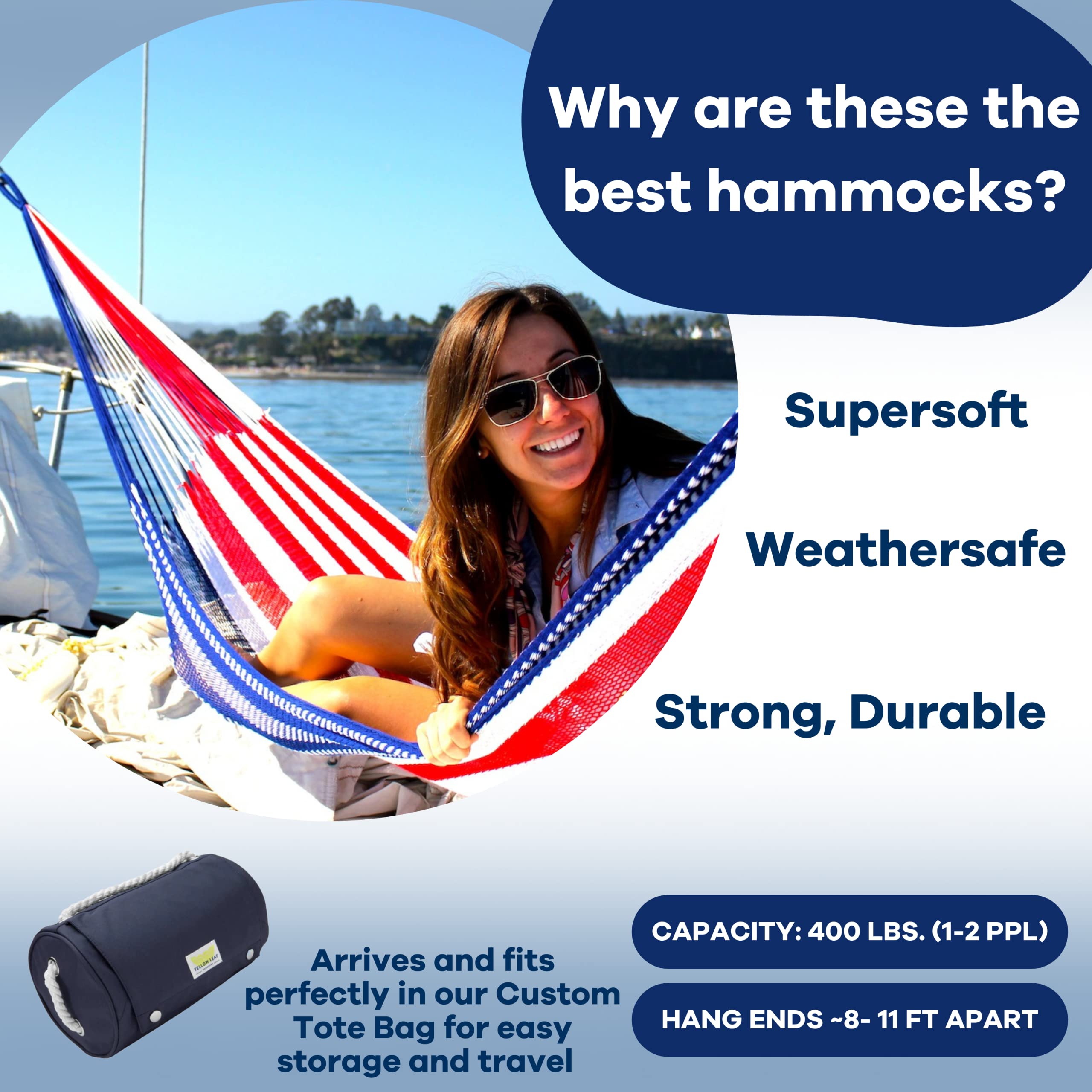 Yellow Leaf Hammocks Double Size Handwoven Hammock - 400lb Capacity, Weatherproof & Ultra Strong - Easy to Hang, Artisan Made in Red/White/Blue - Perfect for Backyard, Beach & Camping Relaxation