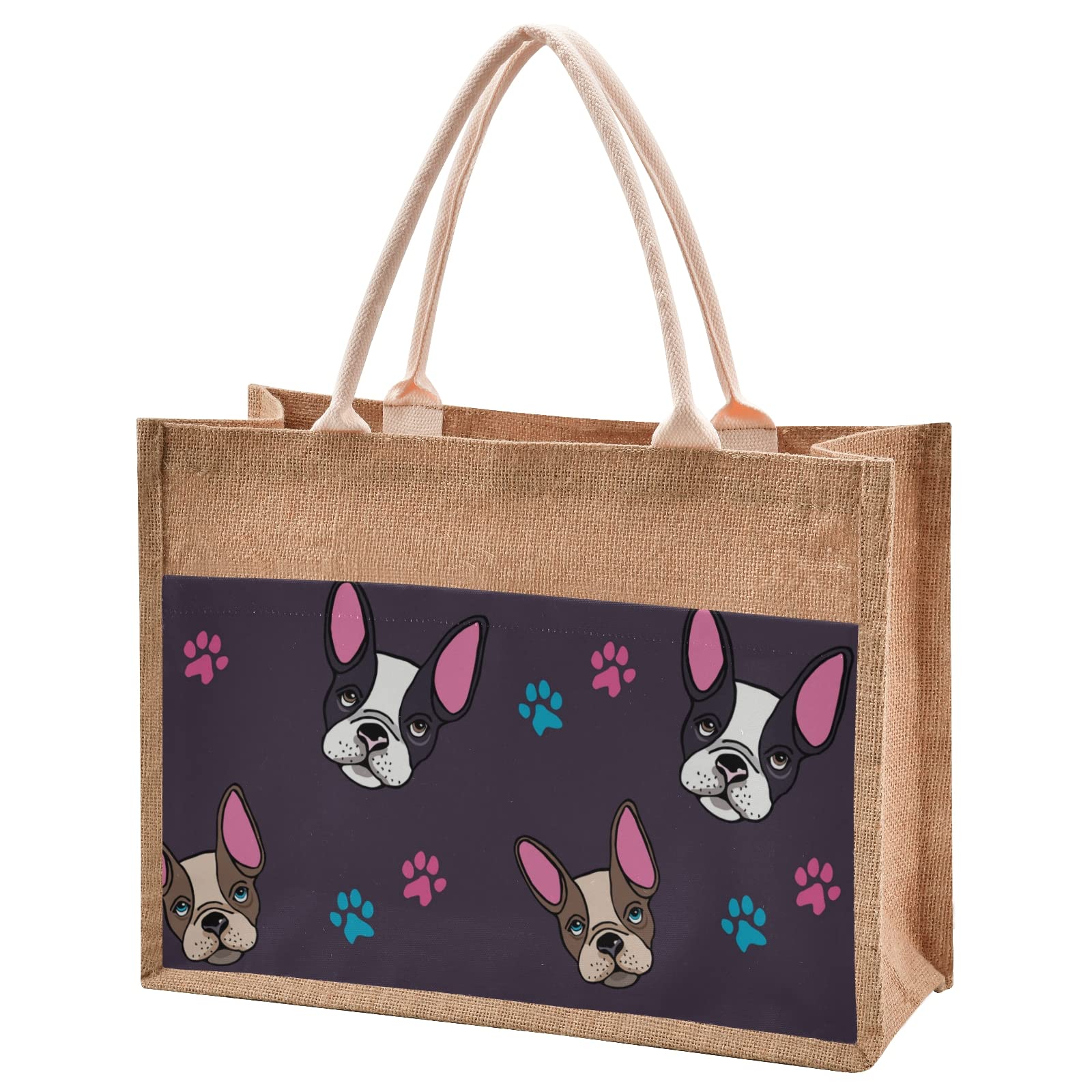 Stylish French Bulldog Puppies Jute Tote Bag for Women - Eco-Friendly Burlap Gift Bag with Sturdy Handle - Perfect for Shopping, Beach Trips & Casual Outings
