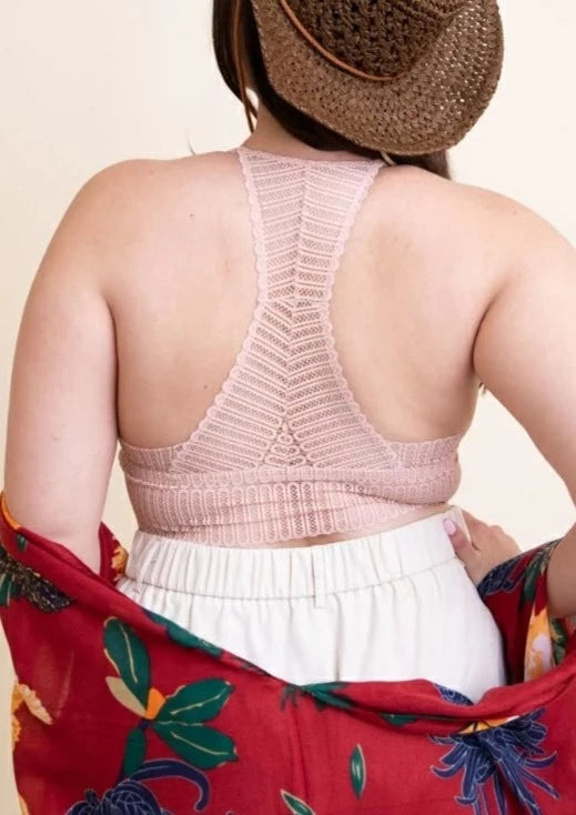 Extended Size Ribbed Lace Racerback Bralette - Comfortable Plus Size Wireless Bra for Women | Perfect for Yoga, Lounge & Everyday Wear in Blush Pink