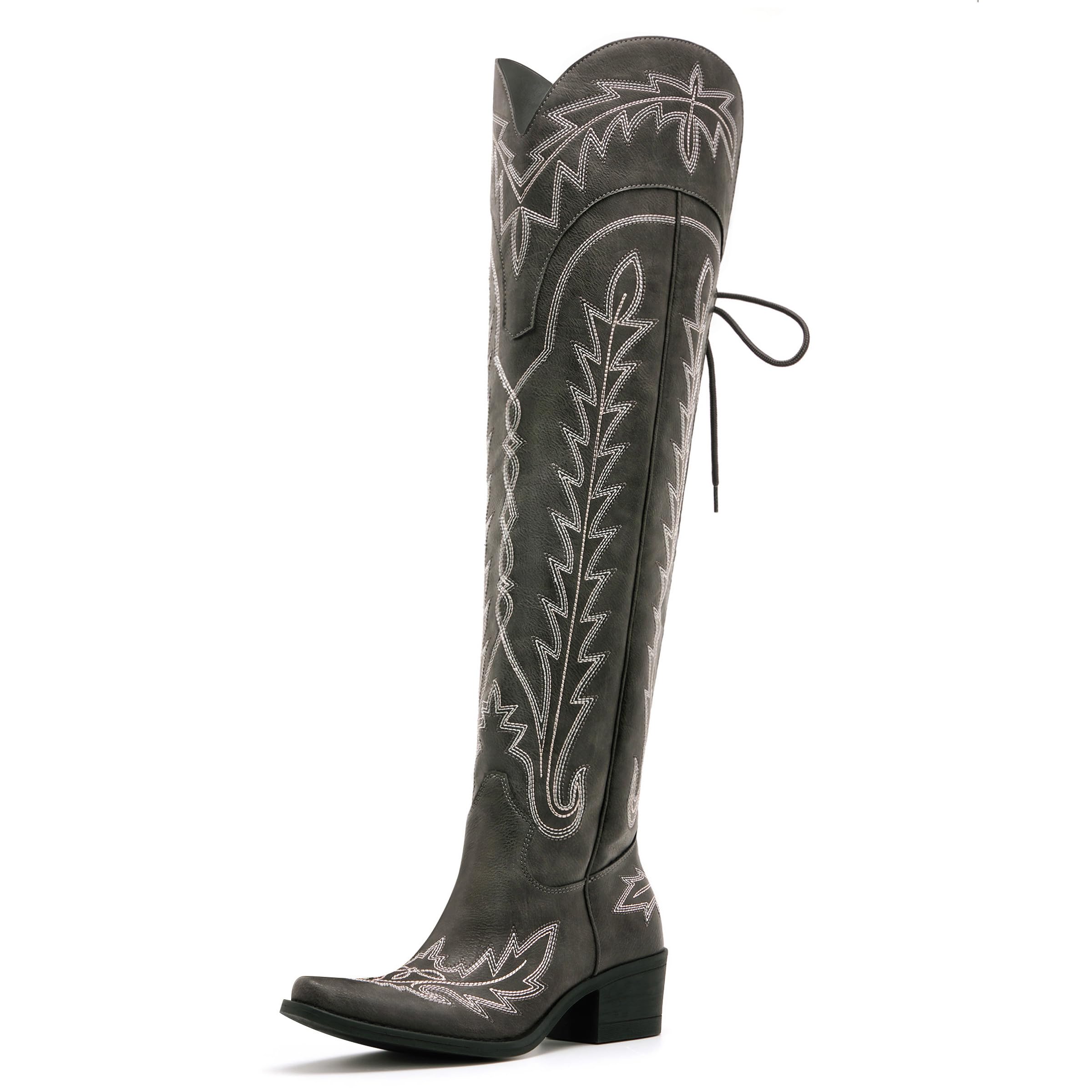 Vodvob Women's Black Embroidered Lace-Up Over-The-Knee Cowboy Boots with Chunky Heel - Western Style Boots for Casual Wear, Country Music Festivals & Night Out