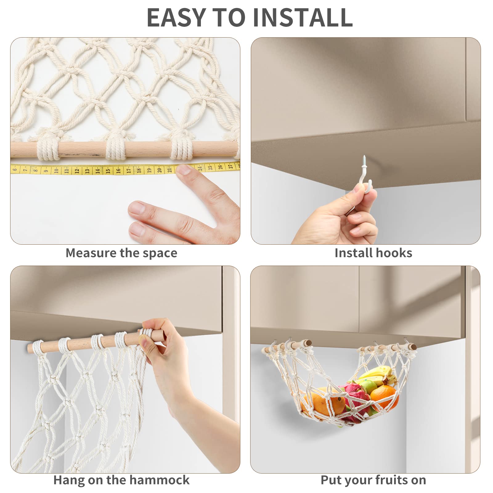 Hanging Fruit Hammock with Hooks - Under Cabinet Banana Storage Basket, Hand-Woven Lace Kitchen Décor Organizer for Fruits - Perfect for Small Kitchen Space Saving & Fresh Produce Display