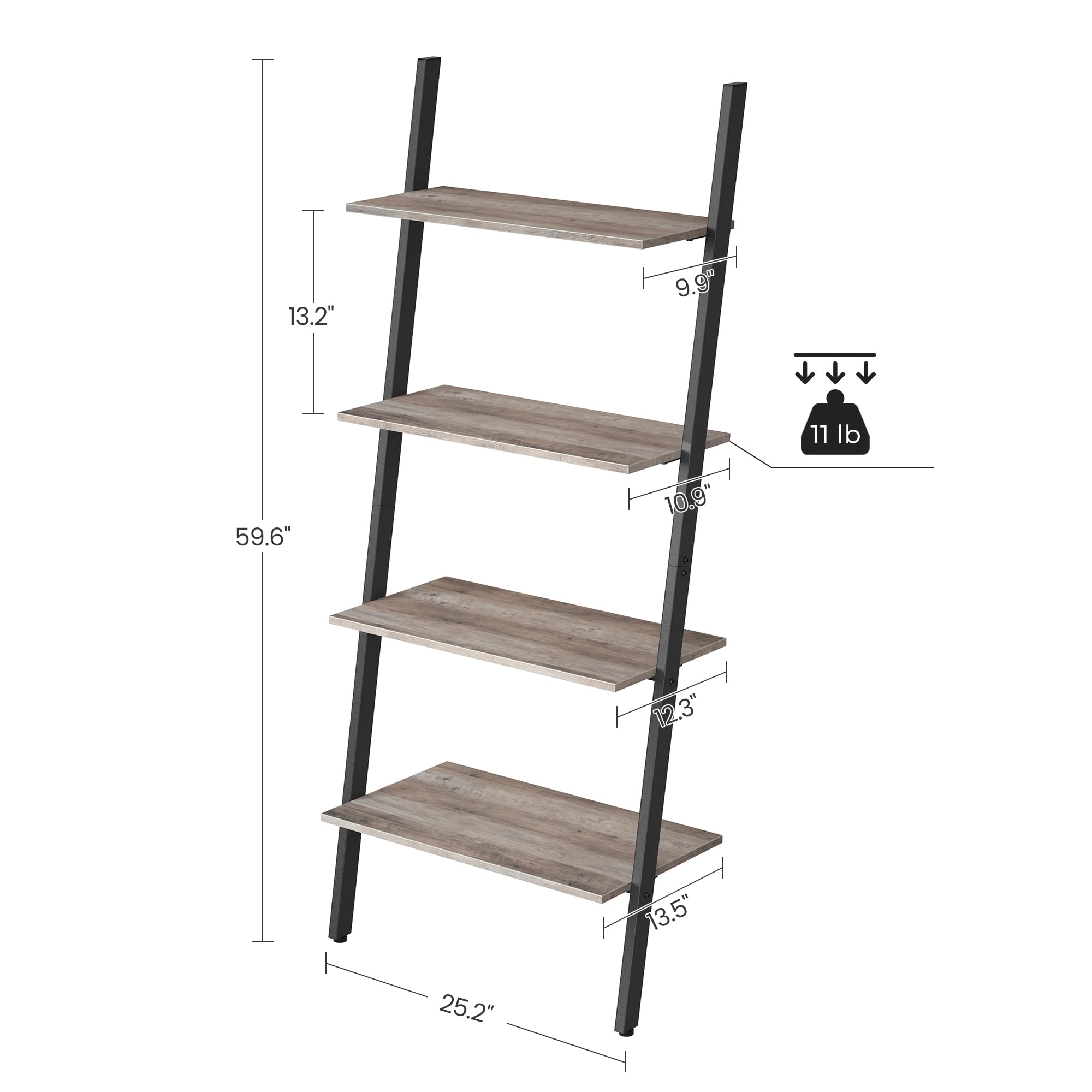 VASAGLE 4-Tier Industrial Ladder Shelf - Sturdy Steel Storage Rack for Books, Decor & Organizing | Perfect for Living Room, Kitchen, Office | Space-Saving Leaning Wall Shelf in Greige & Black ULLS043B02 | Ideal for Small Spaces, Home Organization & Stylish Display