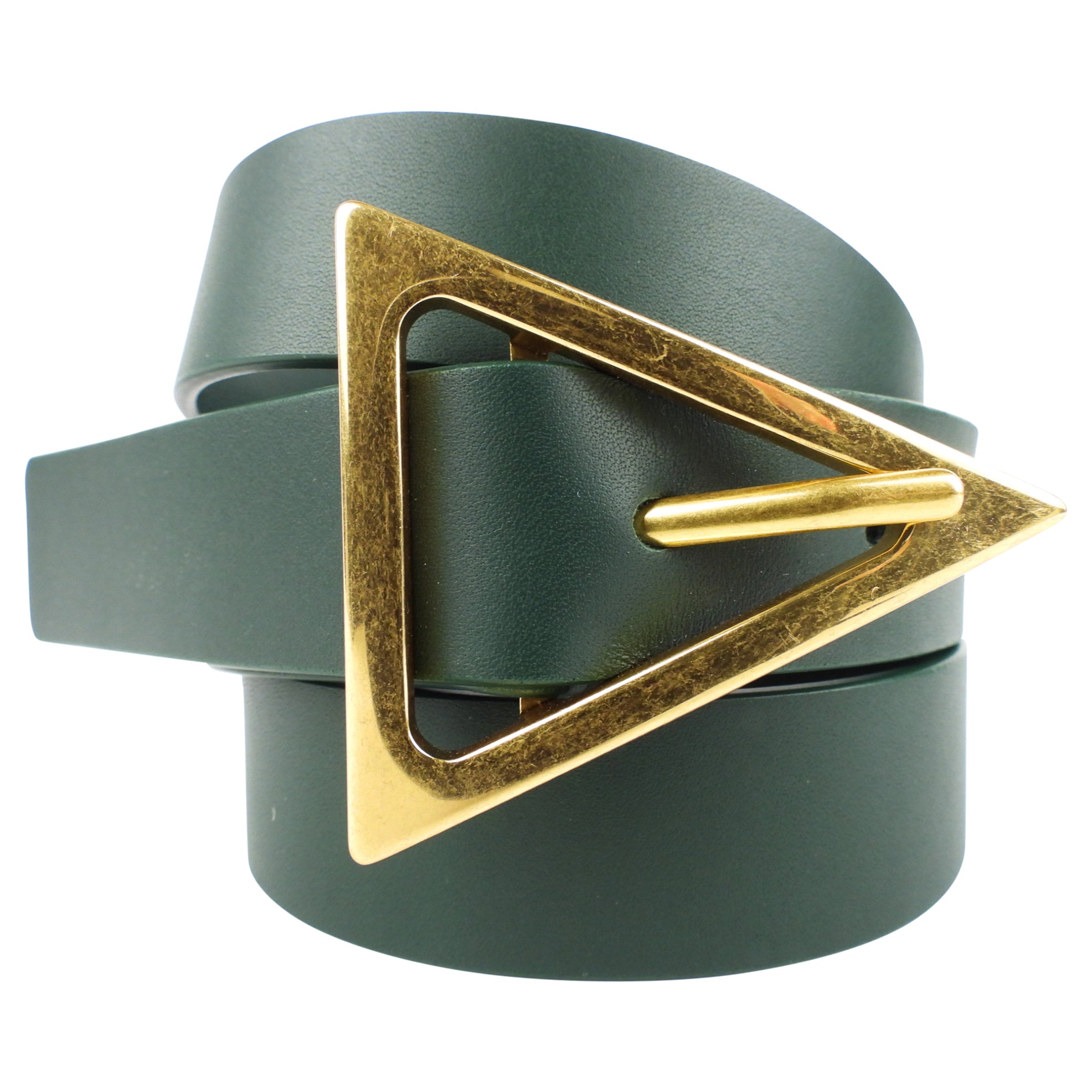 Bottega Veneta Green Leather Triangle Buckle Belt for Women - 32 Inch (80cm) Waist - Luxury Fashion Accessory for Office, Party & Everyday Outfits
