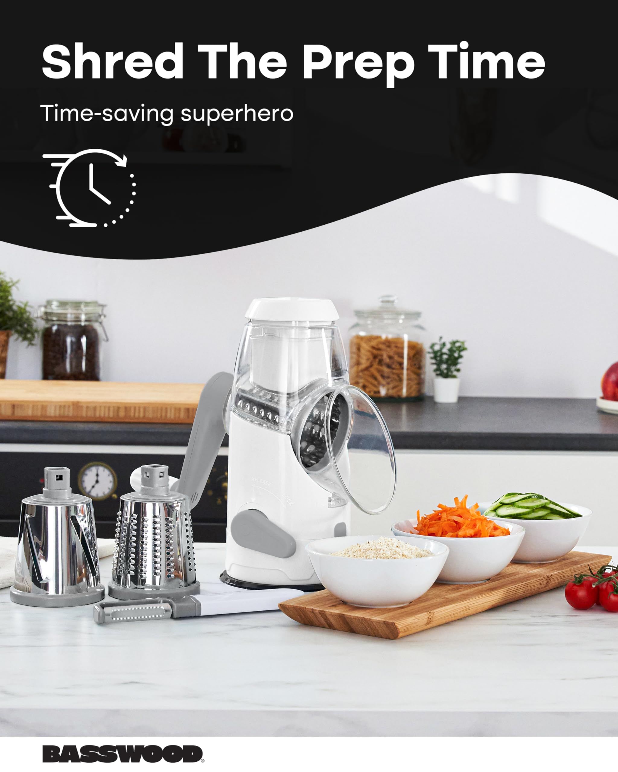 Premium Rotary Cheese Grater with Ergonomic Handle - 3 Stainless Steel Drum Blades for Shredding Cheese, Vegetables & Nuts - Multi-Functional Kitchen Mandoline Slicer with Peeler (White) - Perfect for Pizza Topping, Salad Prep & Baking Needs