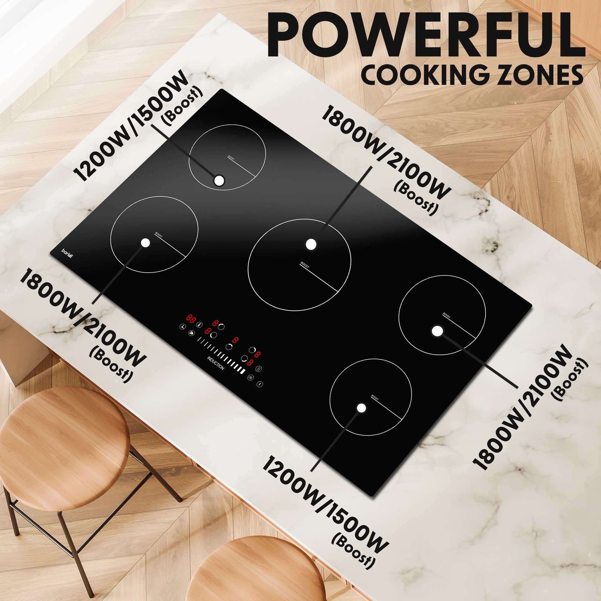 Baridi 90cm Induction Cooktop with 5 Cooking Zones, 9300W Power, Boost Function & 9 Heat Settings - Touch Control for Fast & Precise Cooking - Perfect for Home Kitchens & Professional Chefs
