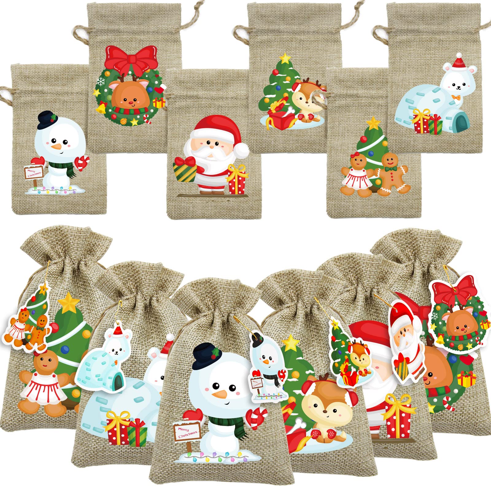 Christmas Burlap Gift Bags 24PCS with Drawstrings - Party Favors & Candy Storage