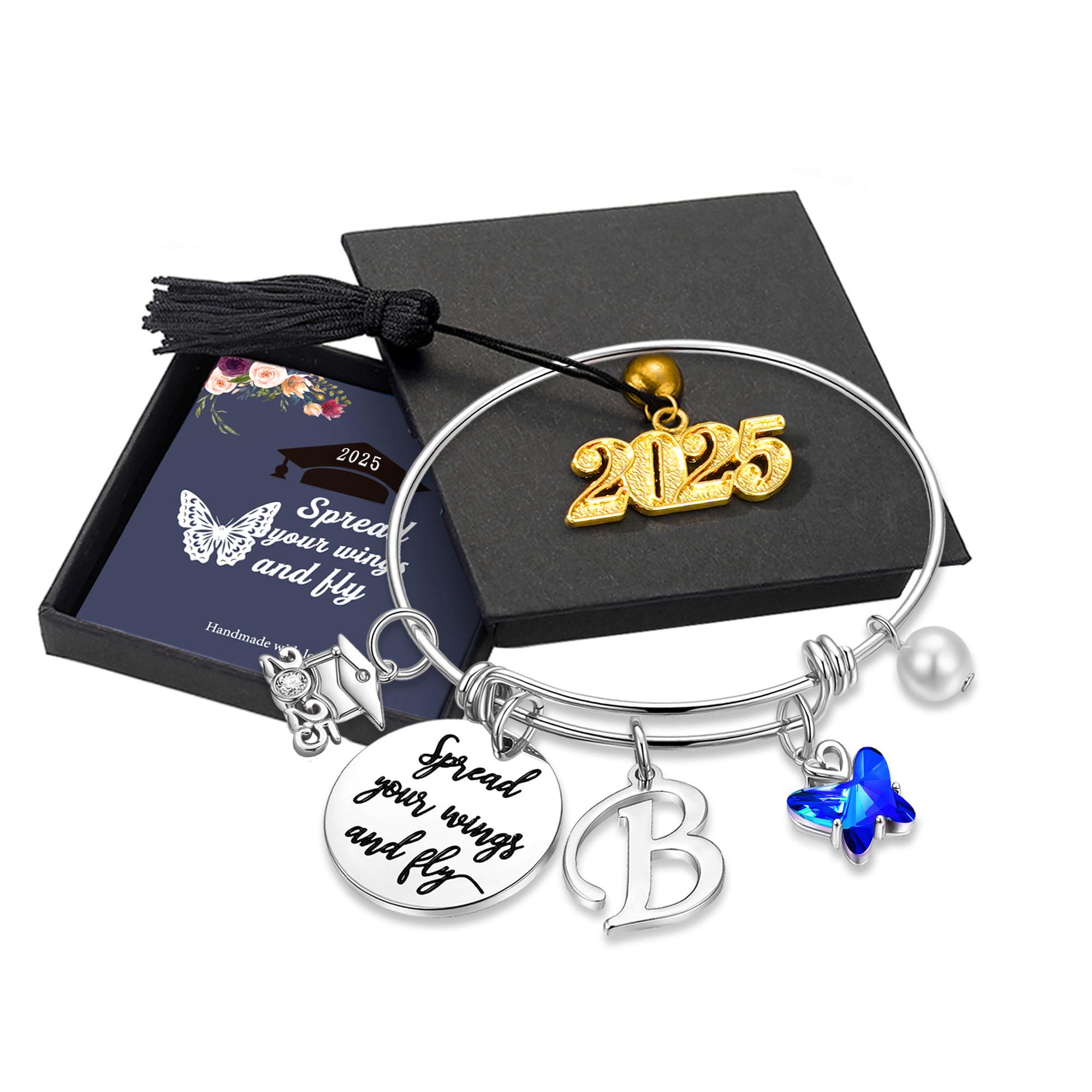 Turandoss 2025 Graduation Gifts for Women - Inspirational Butterfly Initial Bracelet with Graduation Cap Charm & 