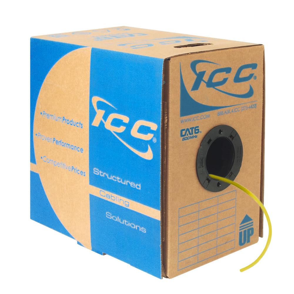 ICC Cat6 CMP Plenum 1000ft UTP 23AWG Solid Pure Copper Ethernet Cable - UL Certified Bulk Network Cable for High-Speed Data & PoE++ (500MHz) | Tangle-Free Reelex Pull Box | NEC Compliant Yellow Cable | Made in USA | Perfect for Office Buildings, Data Centers & Home Networking