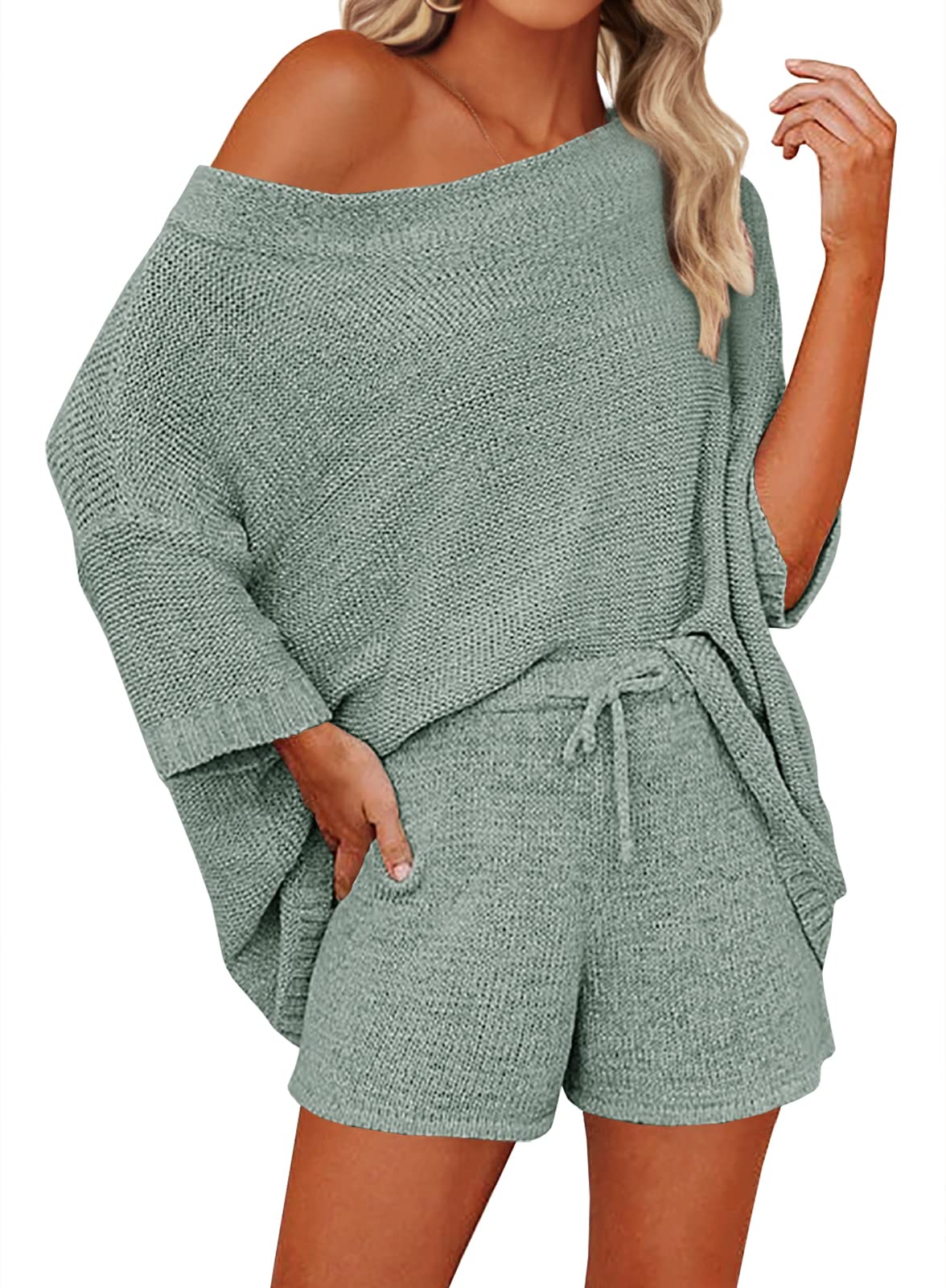 Mafulus Women's 2 Piece Sweater Set - Off Shoulder Knit Top & Shorts Matching Lounge Outfit | Cozy Pajama Set for Home, Sleepwear & Casual Wear