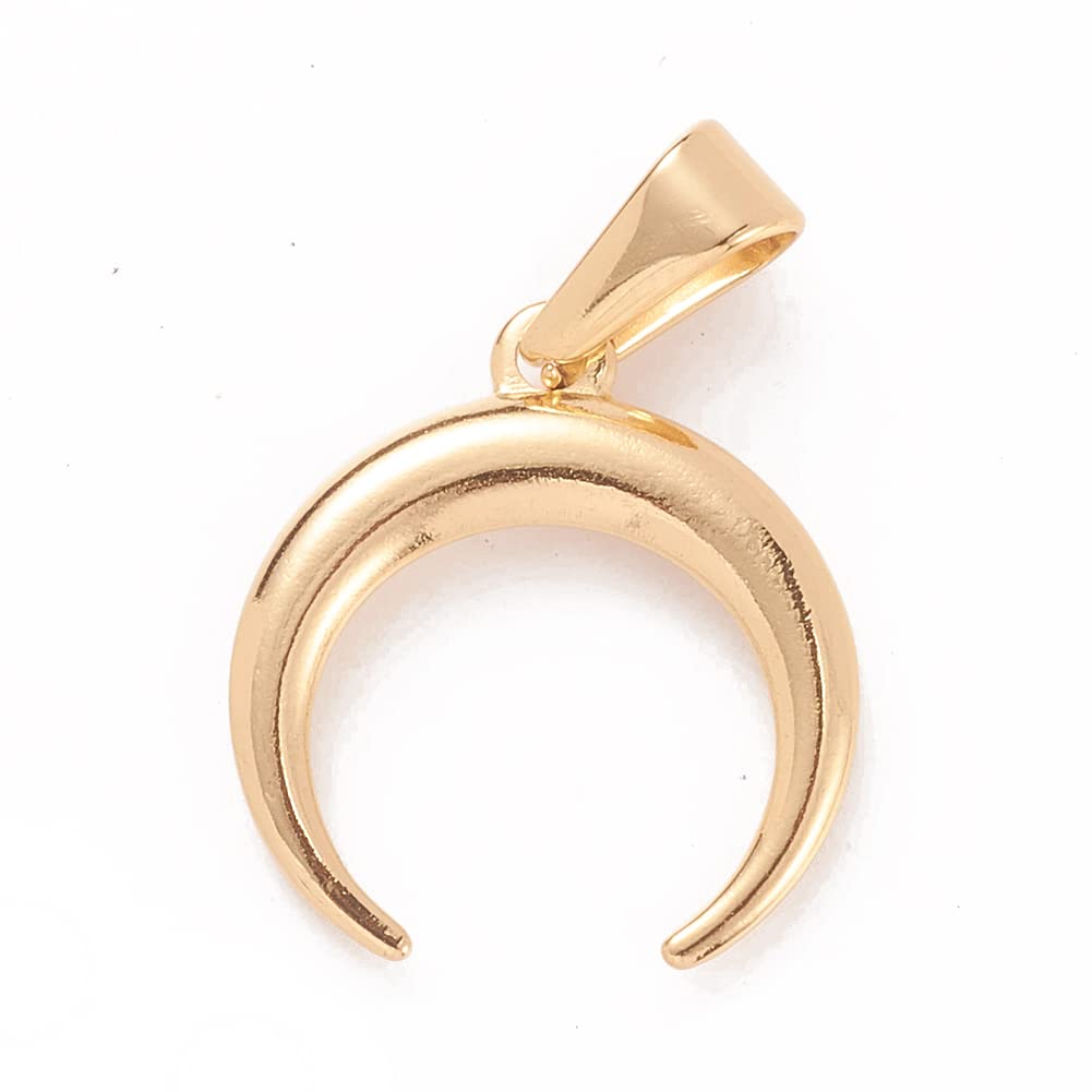 Beadthoven 12pcs Stainless Steel Double Horn Crescent Moon Pendants - Gold Polish Moon Horn Charms with Pinch Clasp for DIY Jewelry Making - Perfect for Necklaces, Bracelets & Boho Style Accessories