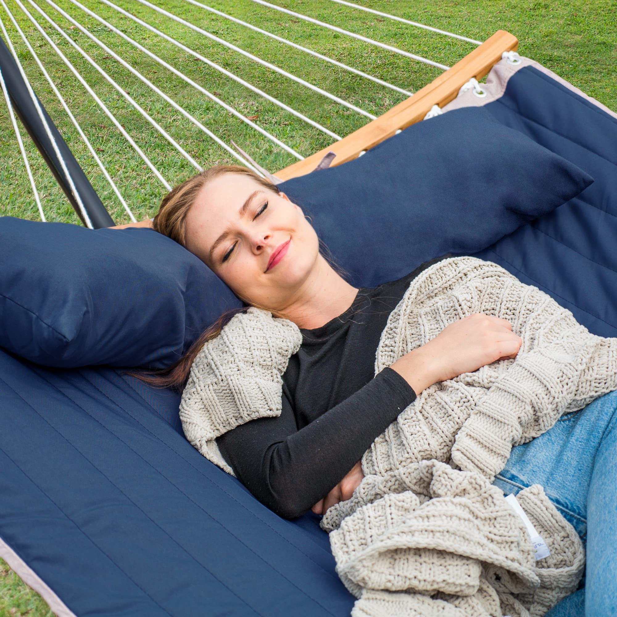 Portable Outdoor Hammock with Stand - Heavy Duty Hammock with Carrying Bag, Soft Pillow & Balance Ropes - Dark Blue - Perfect for Camping, Backyard Relaxation & Beach Vacations