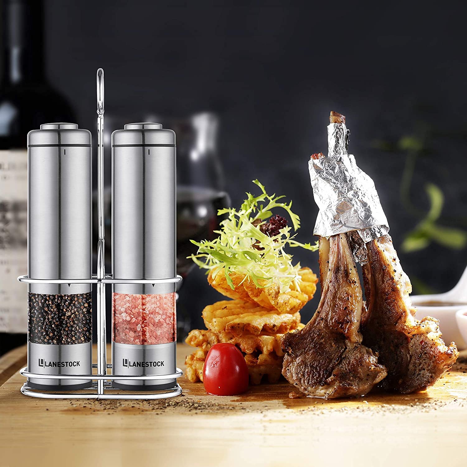 Premium Electric Salt and Pepper Grinder Set by Lanestock - Battery Operated Stainless Steel Spice Mills with Stand - Adjustable Coarseness & Built-in LED Light - Powerful Motor for Long-Lasting Performance - Perfect for Kitchen, Dining Table, and Restaurant Use