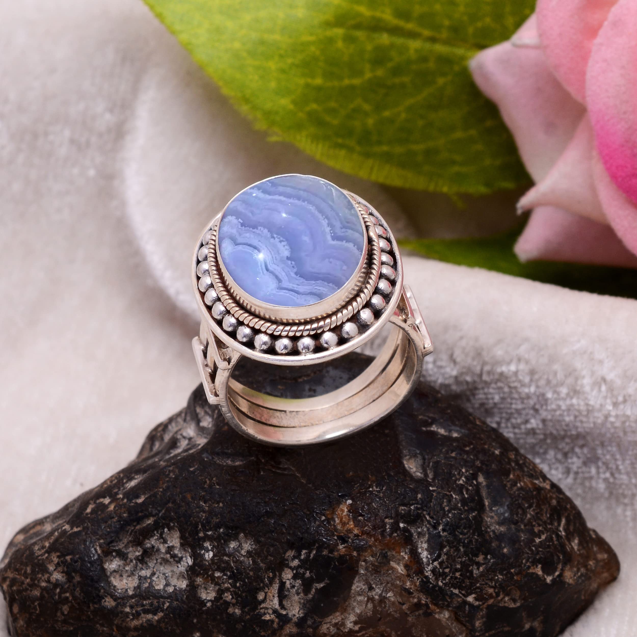 Veracity Jewelry Blue Lace Agate Ring for Women - 925 Sterling Silver Healing Meditation Ring with Natural Blue White Gemstone - Elegant Designer Jewelry Gift for Meditation, Yoga & Spiritual Healing (VSR-32)