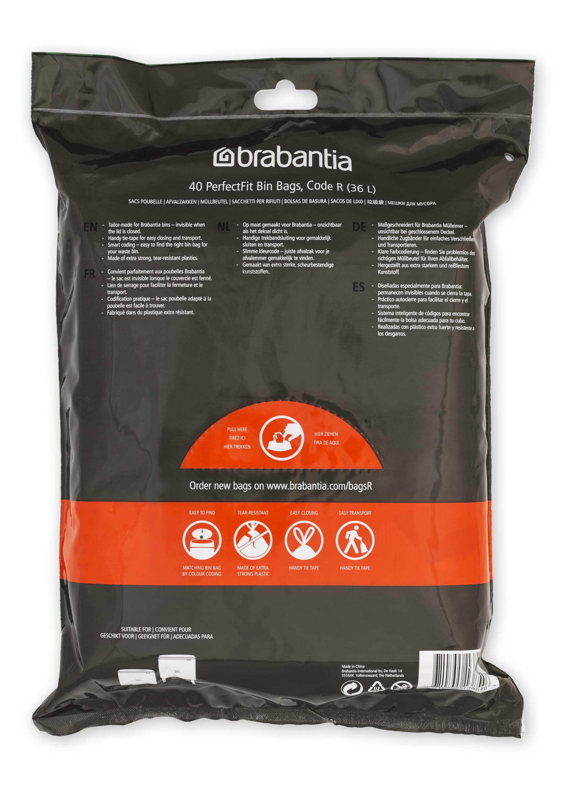 Brabantia PerfectFit Trash Bags - 9.5 Gallon Drawstring Trash Can Liners (40 Count) - Thick Plastic Garbage Bags for Kitchen, Bathroom & Office Waste Disposal