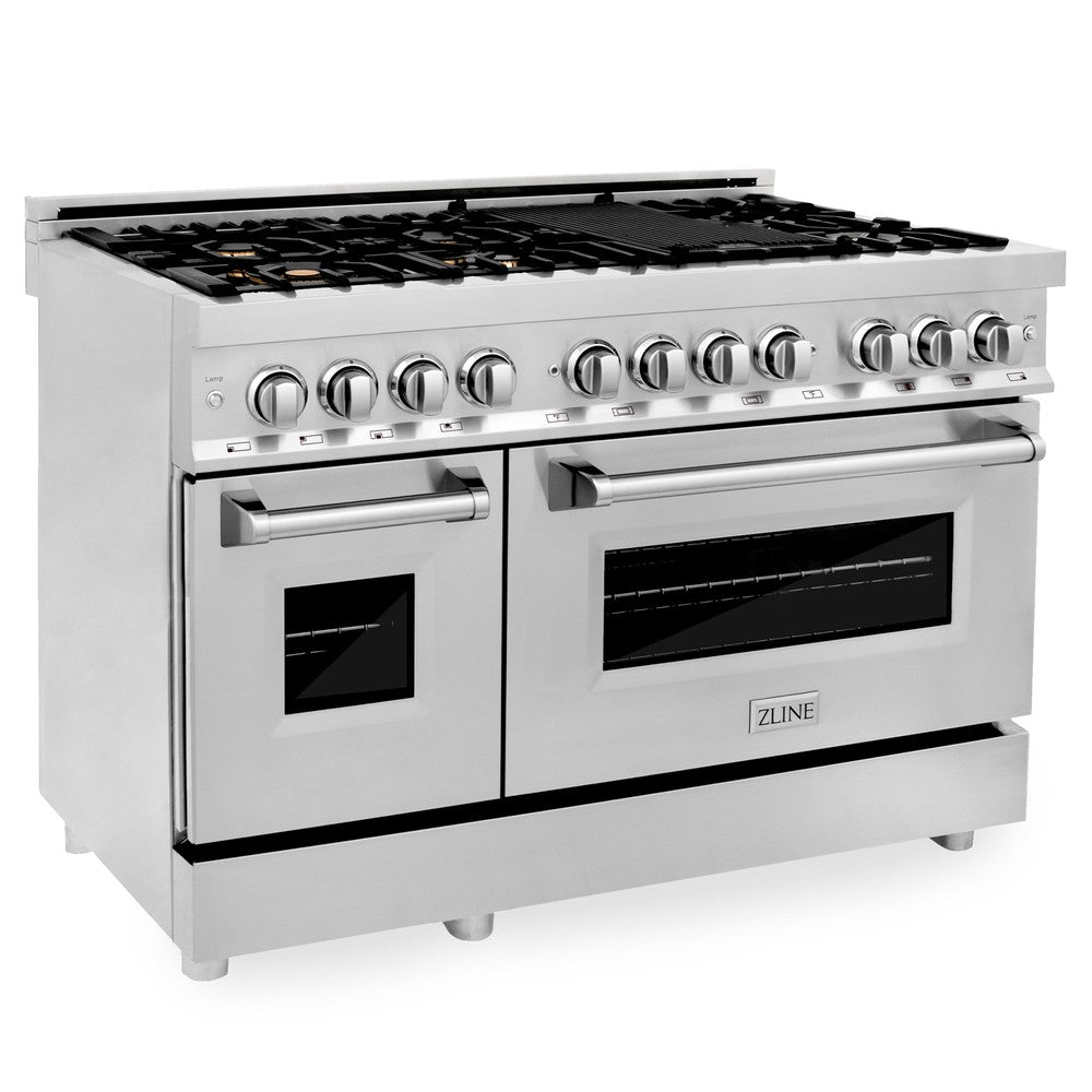 ZLINE 48-inch 6.0 cu. ft. Stainless Steel Dual Fuel Range with Gas Cooktop & 2 Electric Ovens - Brass Burners (RA BR 48) for Professional Home Kitchens & Gourmet Cooking