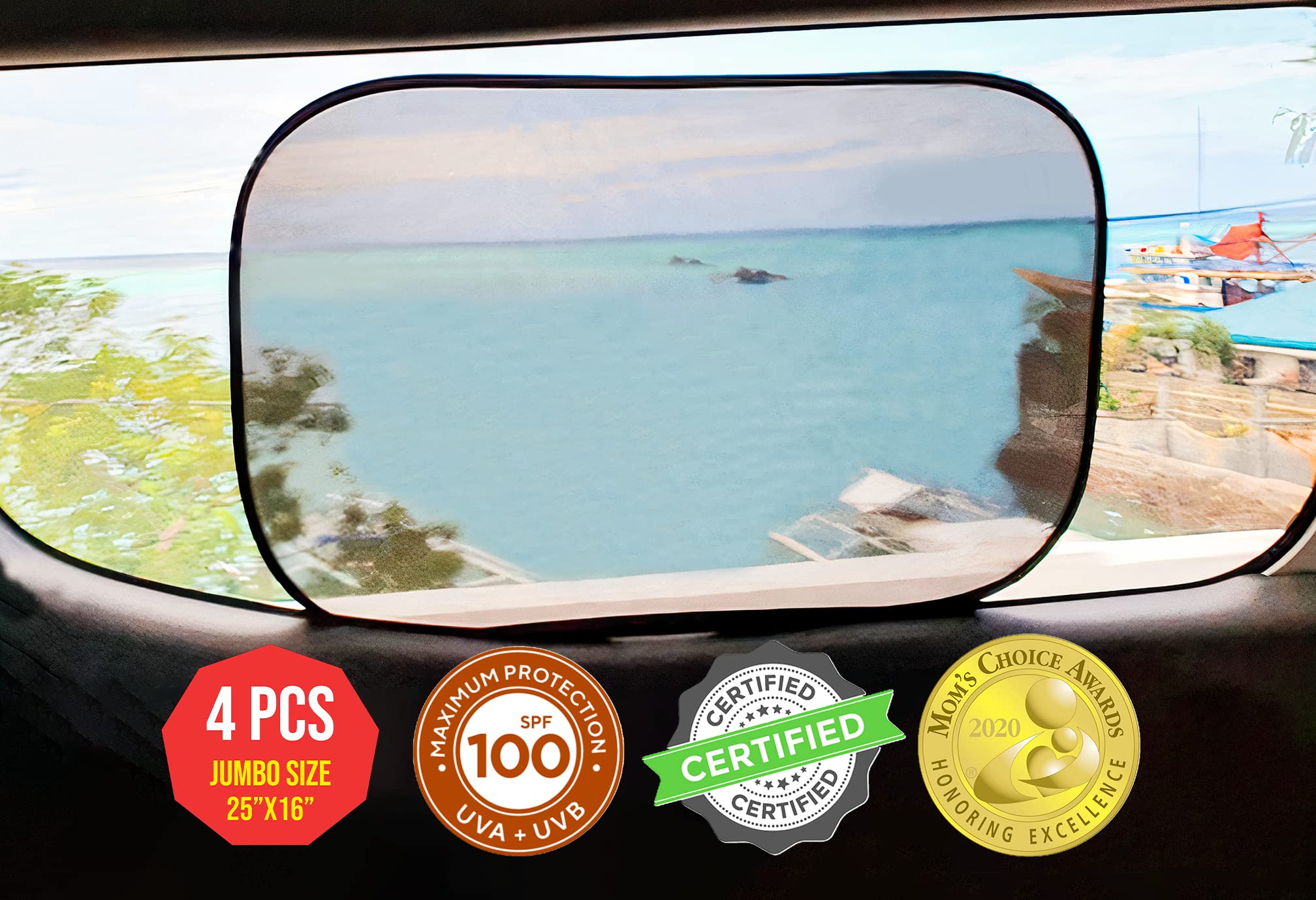 Kinder Fluff Car Window Shade (4-Pack) – Certified Baby Car Sun Shade Blocks 99.95% UV Rays – Mom's Choice Gold Award Winner – Jumbo Car Seat Sun Protection for Infants & Toddlers – Perfect for Road Trips, Daily Commutes and Summer Travel