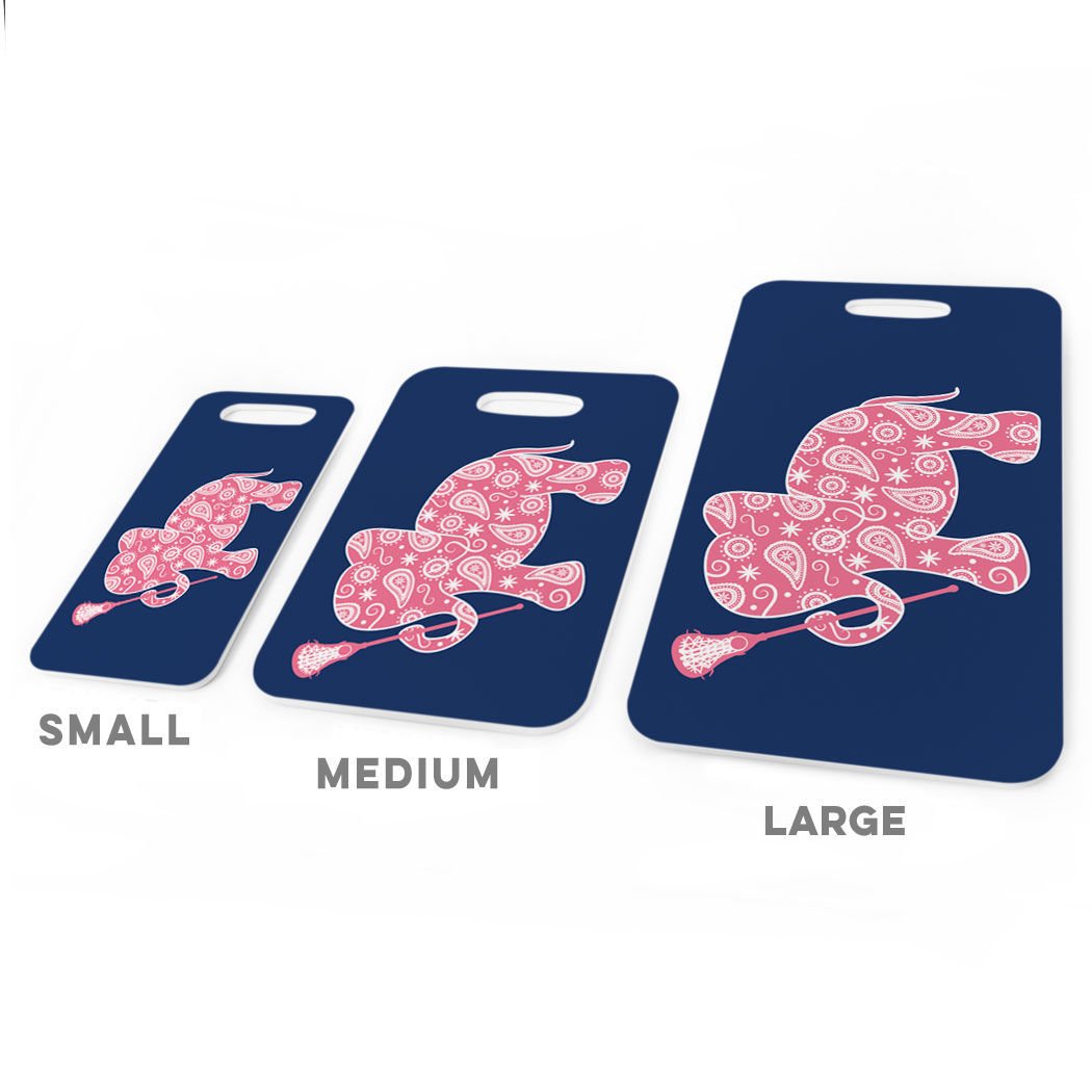 Custom Girls Lacrosse Luggage Tag - Personalized Lax Elephant Design with Info Panel - Medium Navy Sports Bag Tag for Travel & Team Gear Identification