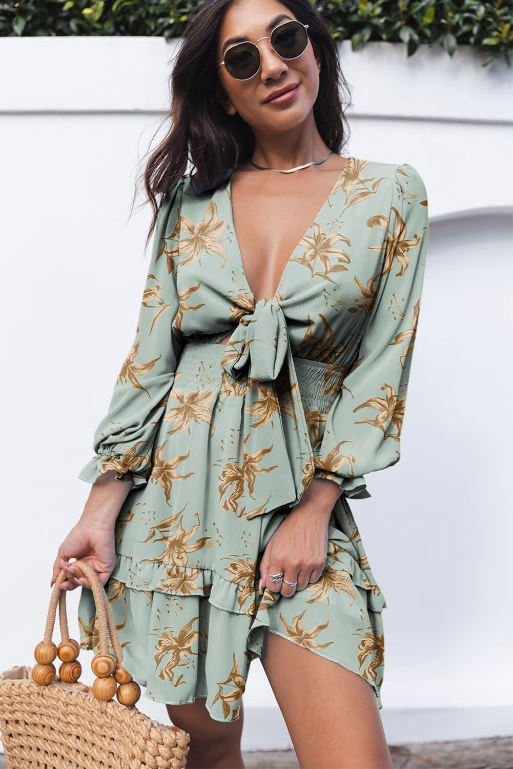 Dokotoo Women's Elegant Deep V Neck Knotted Tiered Chiffon Mini Dress - Summer Casual Skater Swing Dress for Party, Date Night & Vacation 2025
