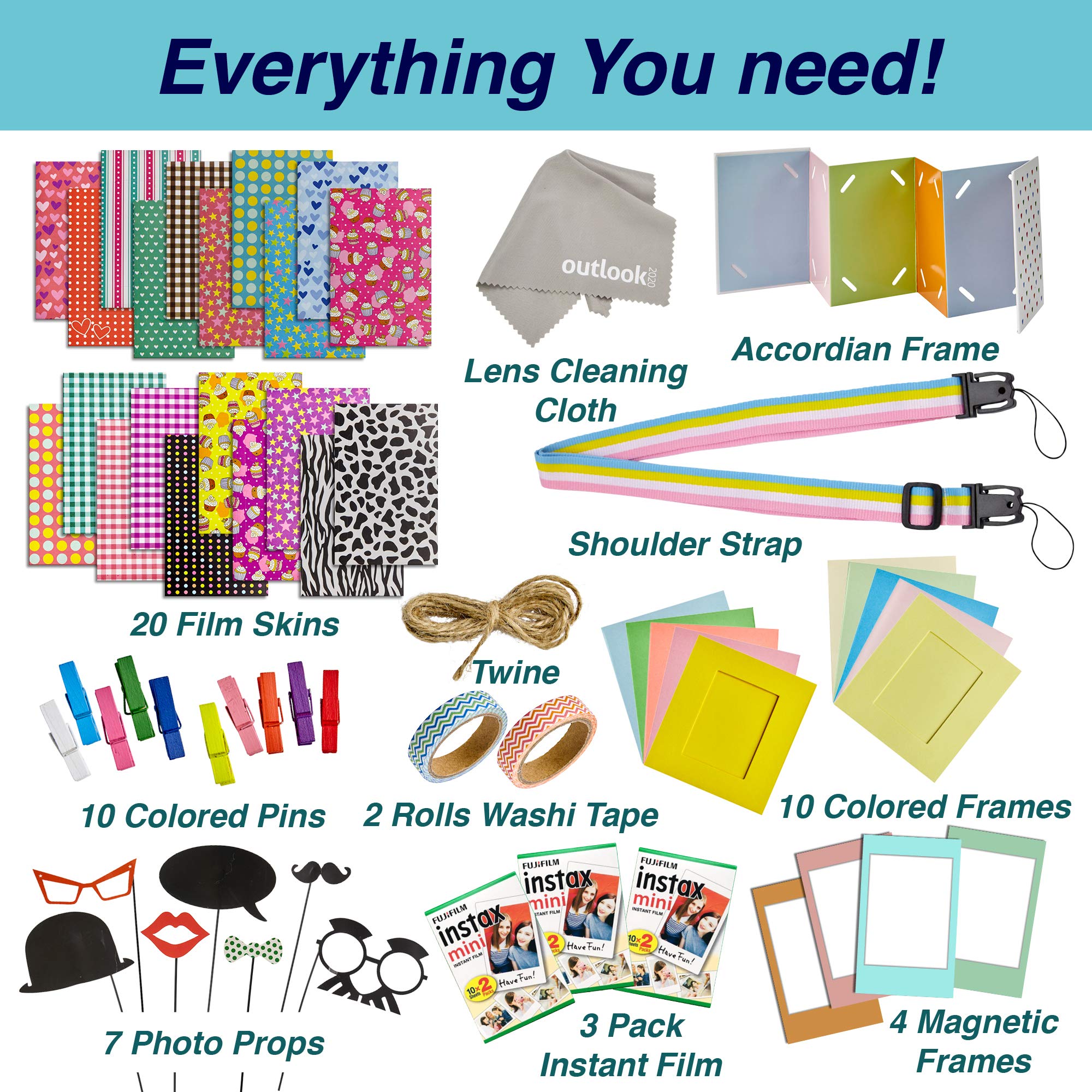 100-Piece Fujifilm Instax Mini 9 & Mini 11 Camera Accessories Kit - Includes Shoulder Bag, 60 Instant Films, Lens Cloth, Strap, Washi Tapes, Stickers & Photo Album (Cobalt Blue) - Perfect for Travel, Parties, Weddings & DIY Scrapbooking