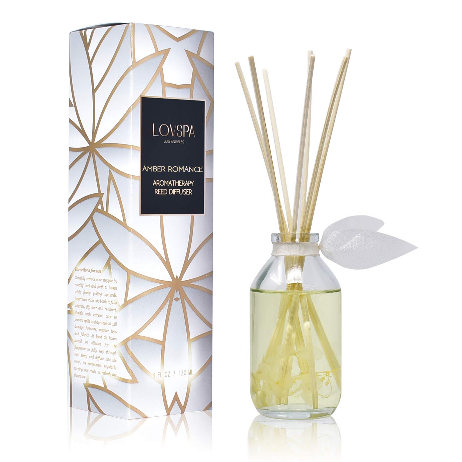 LOVSPA Amber Romance Reed Diffuser Oil Gift Set with Hydrangea Flowers - Warm Amber, Sandalwood & Floral Scents of White Lily, Jasmine, Peony - 4oz - Made in USA - Perfect for Home, Office & Spa Relaxation