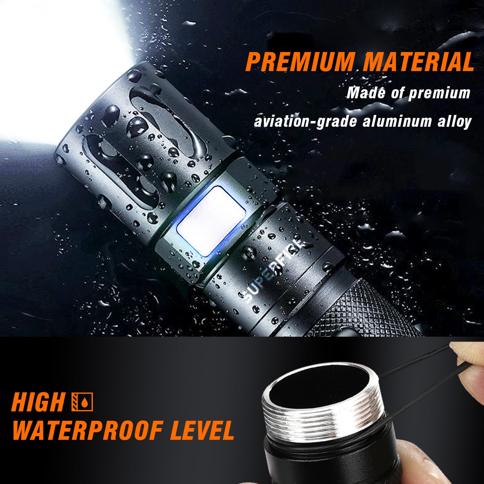 SuperFire Rechargeable Flashlight - 1000 Lumens Powerful EDC Pocket Light with 4 Modes & Water Resistant for Camping, Hiking, Emergency, Outdoor Adventures (Ideal for Home, Car, Survival Kit)