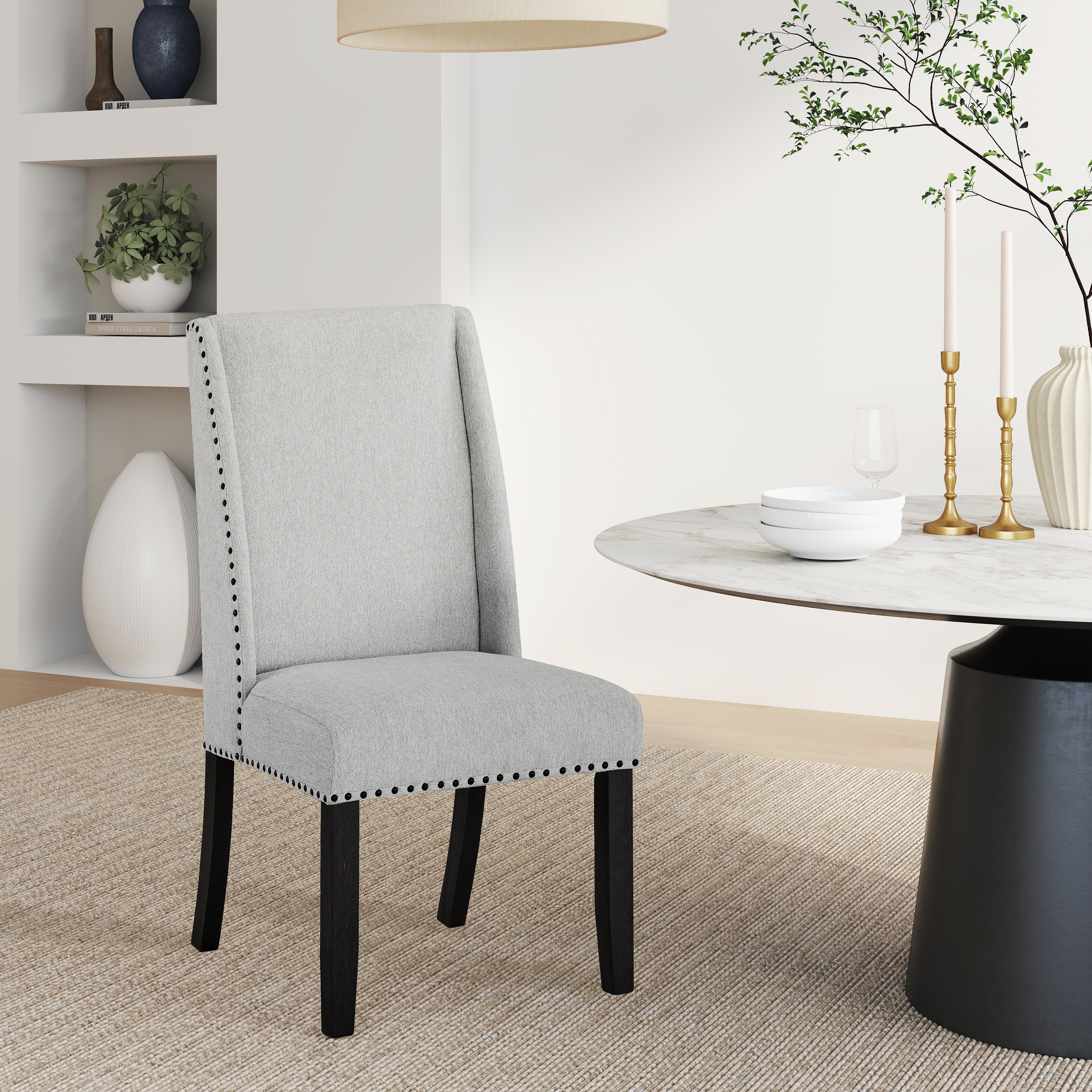 Roundhill Furniture Hirima Modern Elegance Dining Chairs - Set of 2 Light Gray Upholstered Chairs with Matte Black Nailhead Trim - Perfect for Dining Room, Kitchen, or Breakfast Nook Decor