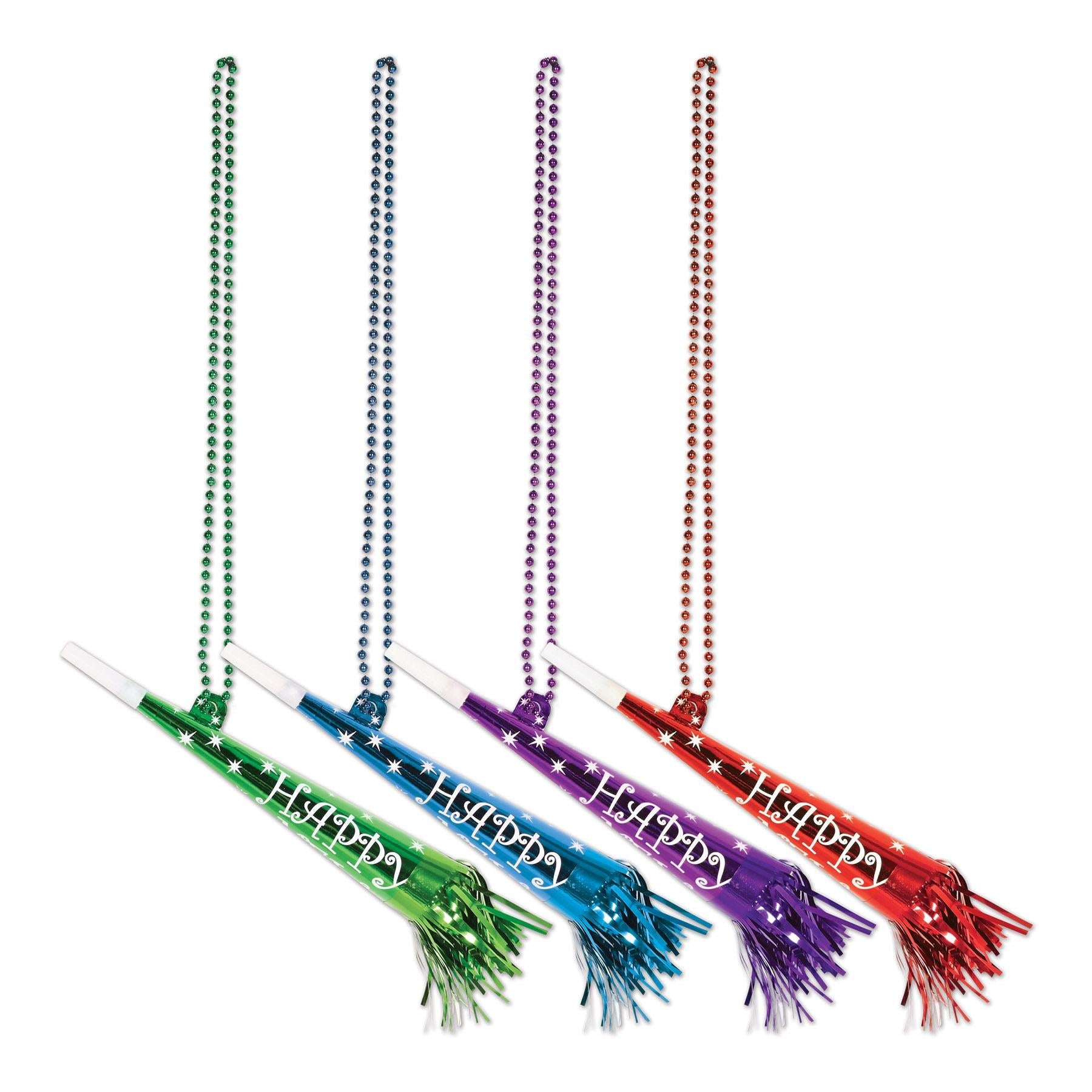 12 Pack Beistle Party Bead Necklaces with Happy New Year Horns - Perfect for Mardi Gras, New Year's Eve & Carnival Celebrations