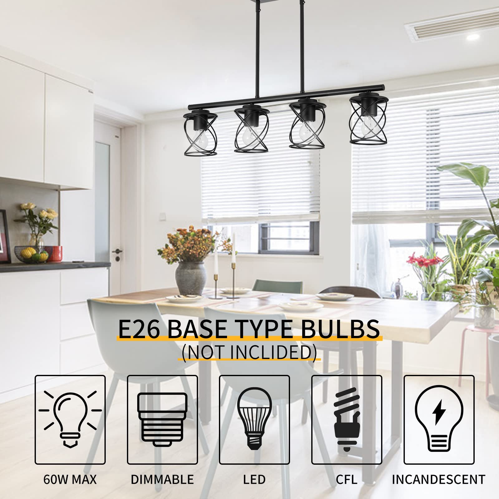 Farmhouse Linear Pendant Light - 4-Light Adjustable Kitchen Island Lighting Fixture, Black Metal Hanging Chandelier for Dining Room & Living Room | Perfect for Kitchen Islands, Breakfast Bars, and Open Concept Spaces