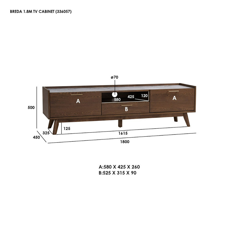 BREDA 180cm Walnut Entertainment TV Stand - Modern TV Console for Living Room, Bedroom & Home Theater