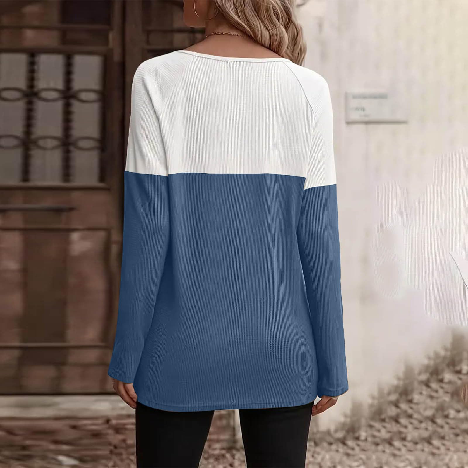 Women's Color Block Waffle Knit Long Sleeve Button-Up Blouse - Fall Fashion Crewneck Loose Pullover Top for Casual Wear, Office & Date Nights