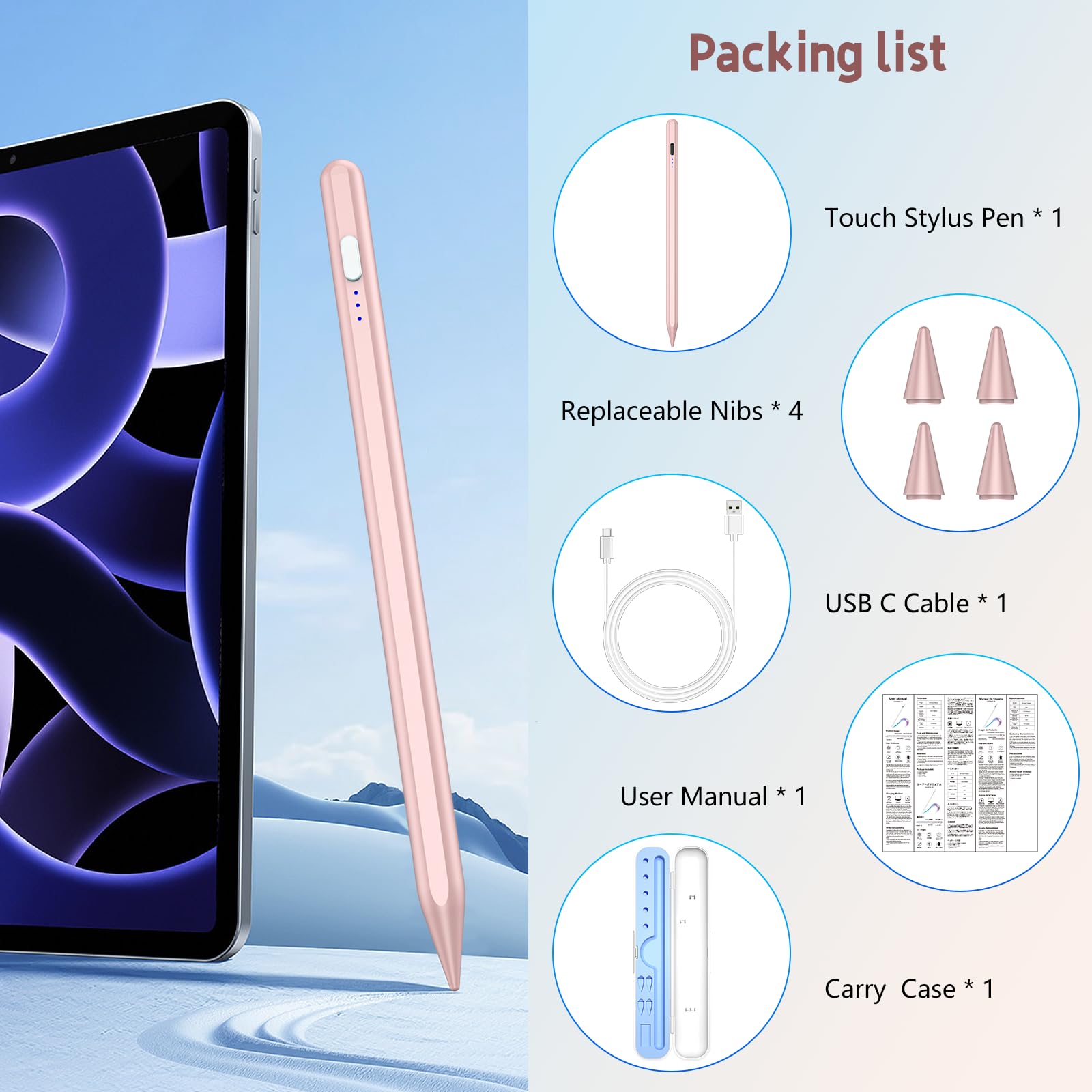 Premium Stylus Pen for iPad (2018-2024 Models) - Fast Charging Apple Pencil Alternative with Storage Case - Compatible with iPad Pro/Air/Mini 10th/9th/8th Gen - Perfect for Digital Art, Note Taking & Professional Work (Rose Gold)