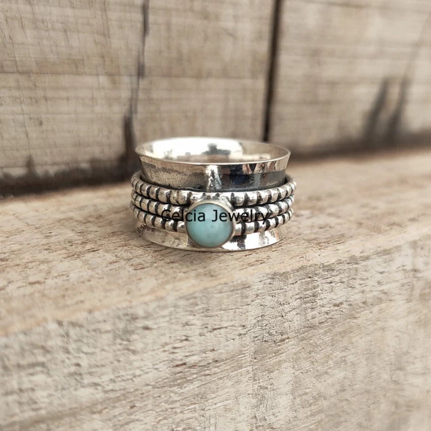 Larimar Gemstone Silver Spinner Ring - Handmade Fidget Anxiety Relief Ring for Stress & Meditation - Unique Spinning Jewelry Gift for Women & Men (Size 7) - Perfect for Office, Travel & Mindfulness Practice
