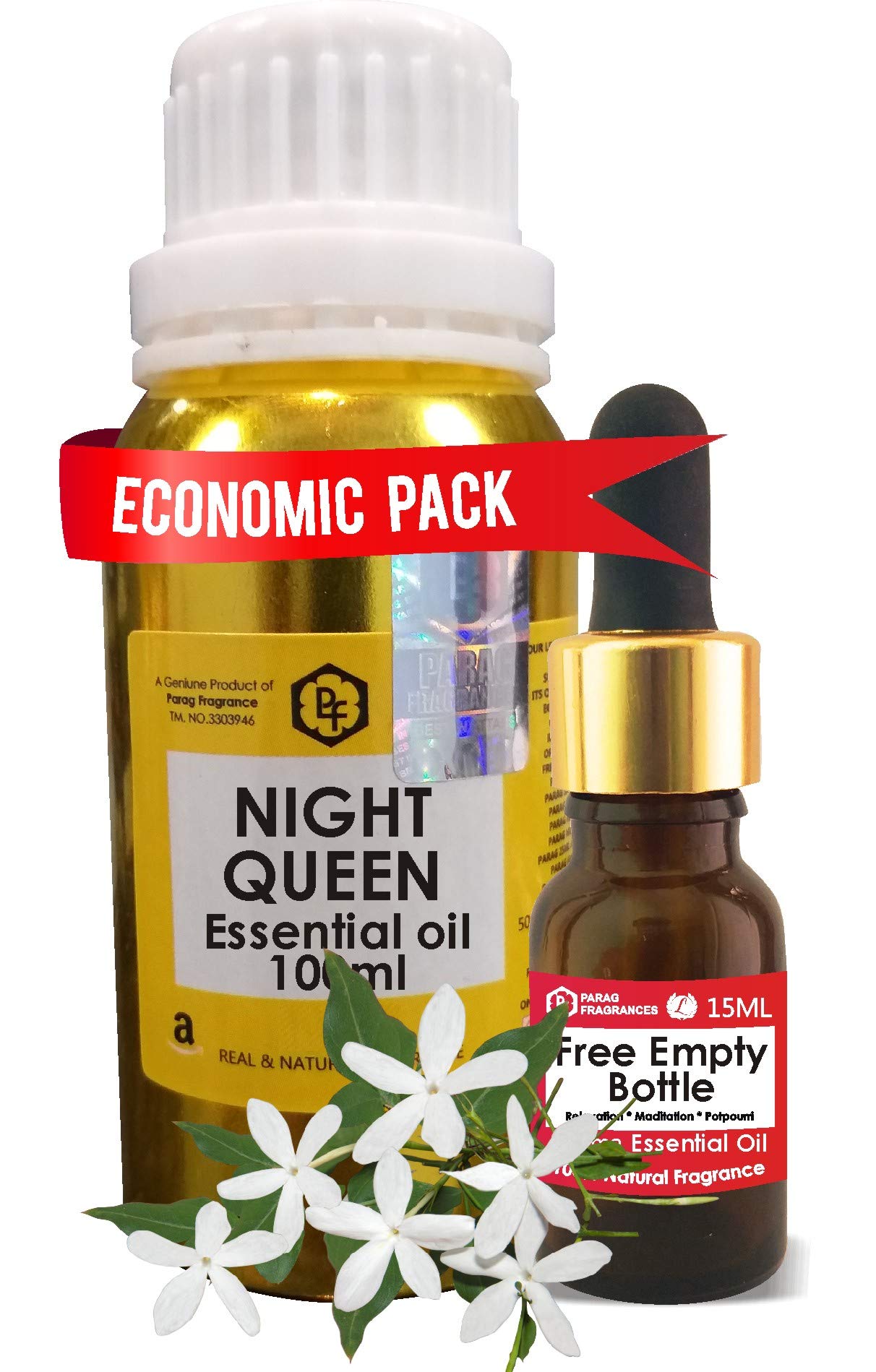 Parag Fragrances Night Queen Essential Oil 100ml - Pure Organic Steam Distilled for Aromatherapy, Relaxation & Meditation | Hair & Skin Care | Easy-Use Bottle Included | Perfect for Diffusers, Massage & Spa Treatments