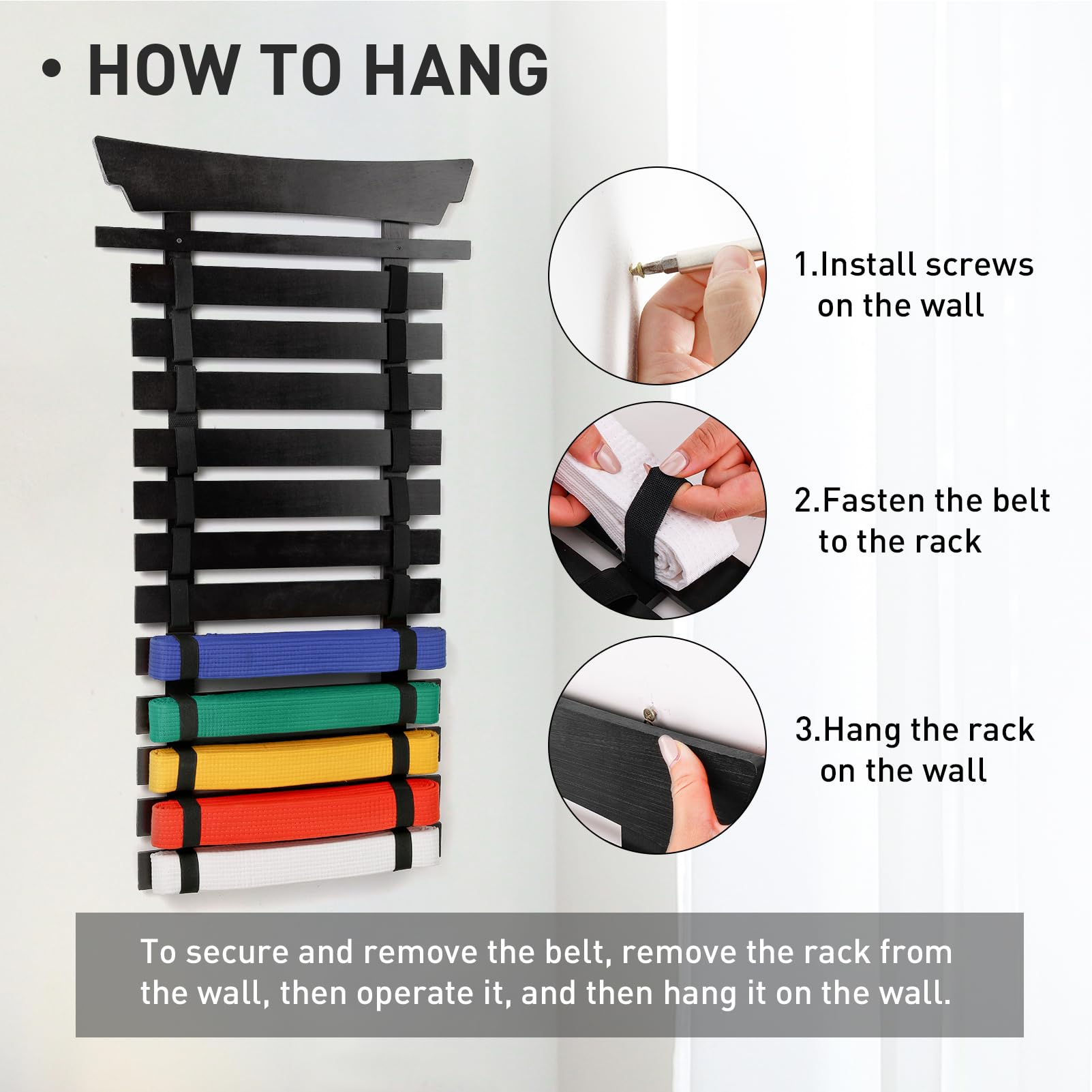 12-Slot Karate Belt Display Rack with Stickers - Martial Arts Belt Holder for Taekwondo, Jiu Jitsu & BJJ Belts - Wall Mounted Organizer for Kids & Adults - Perfect Gift for Dojo, Gym & Home Decor