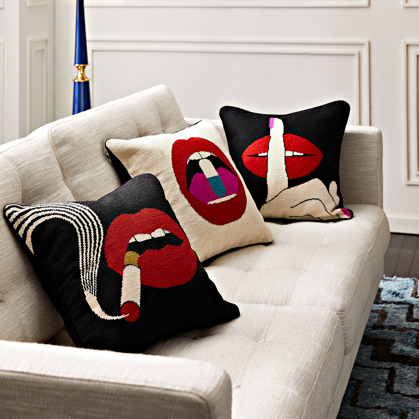 Lips Hush Needlepoint Throw Pillow - Elegant Home Decor for Sofa, Bed & Living Room - Perfect for Boho, Farmhouse & Modern Interior Design