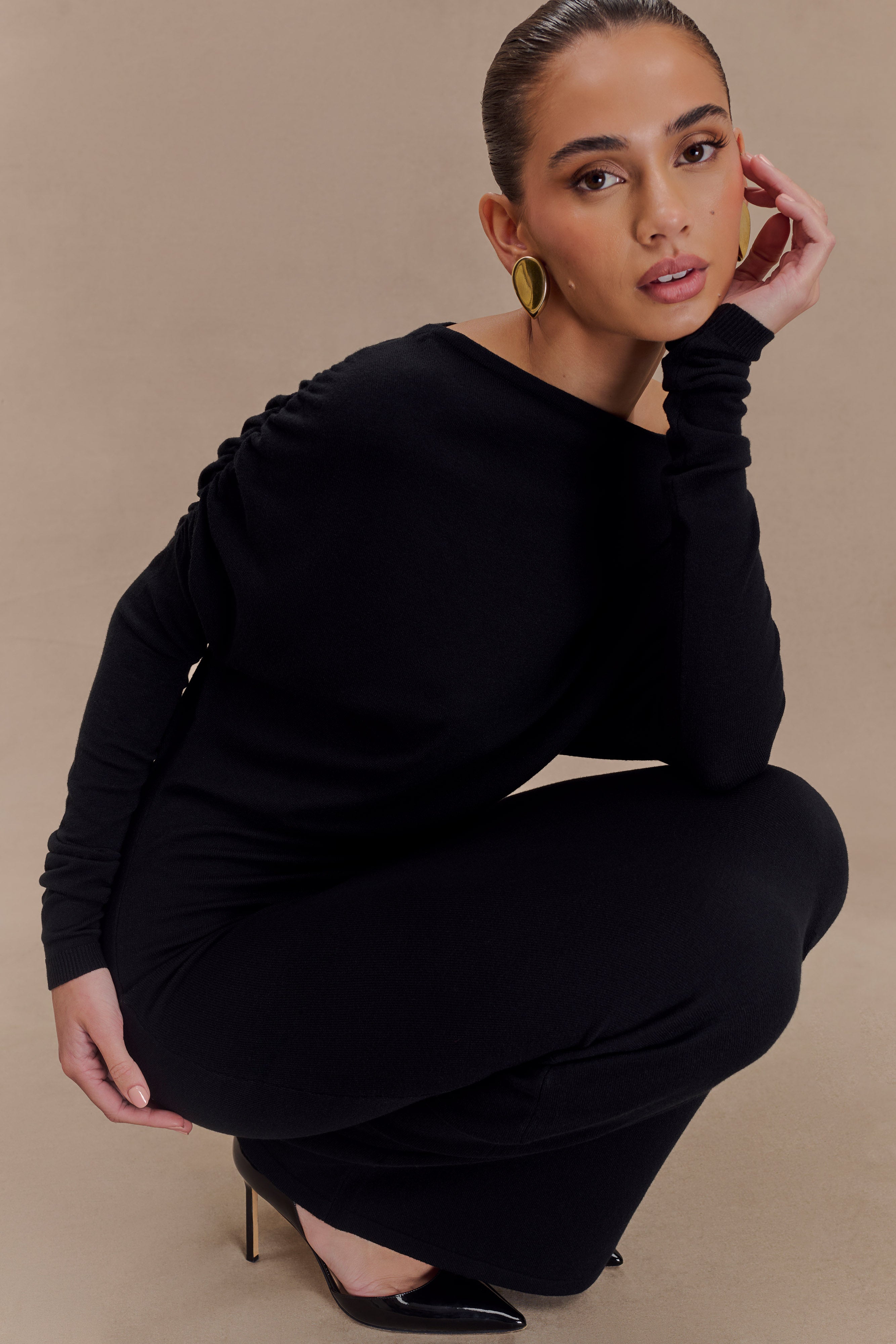 Jessie Cowl Neck Knit Midi Dress in Black - Elegant Fall Winter Sweater Dress for Women's Office Wear & Date Night Outfits