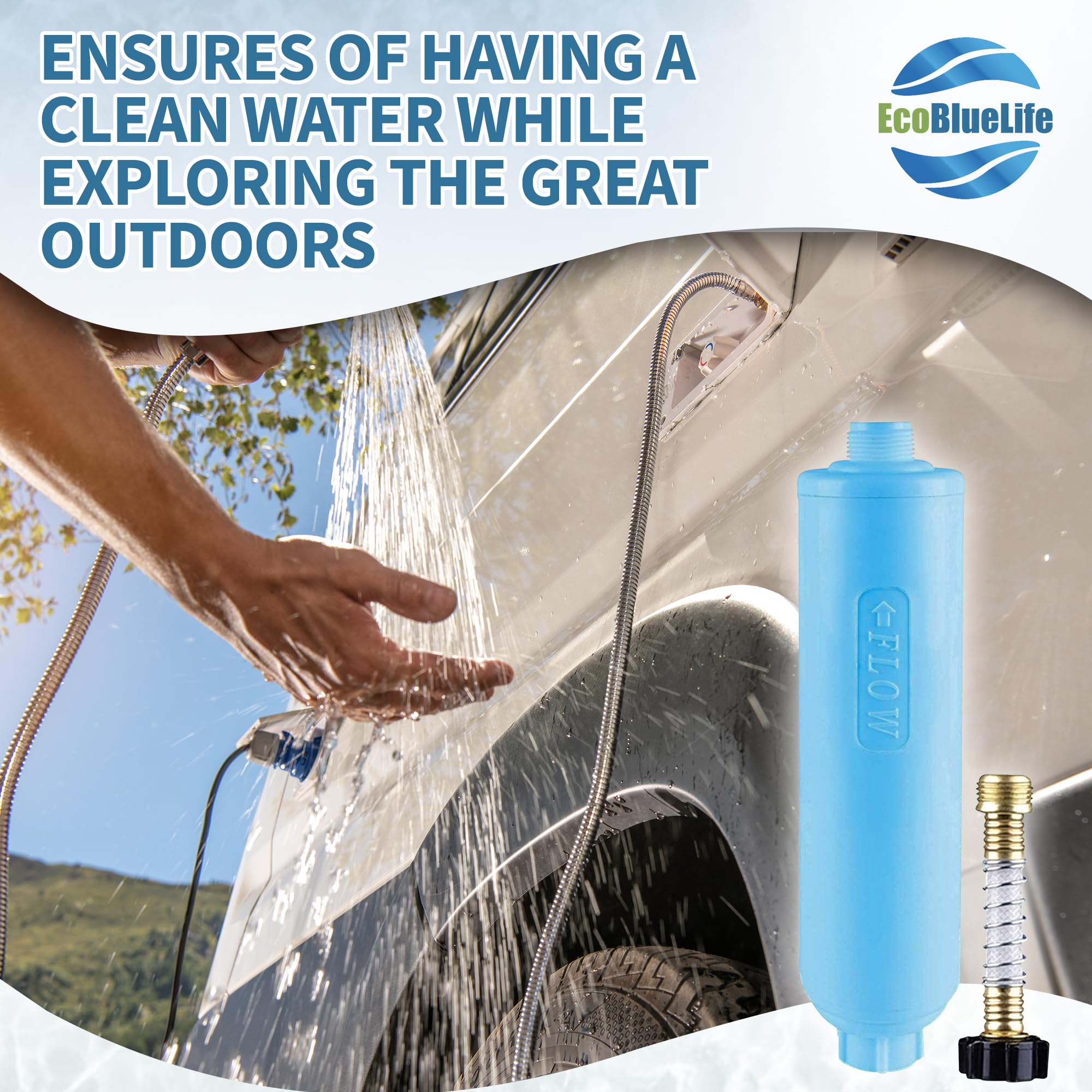 EcoBlueLife RV Water Filter - Inline Attachment with KDF & Activated Carbon for Clean Drinking Water | Flexible Solution for Camper, Marine, RV, and Off-Grid Living | Best Rated Water Purification System (EBL RV1001)