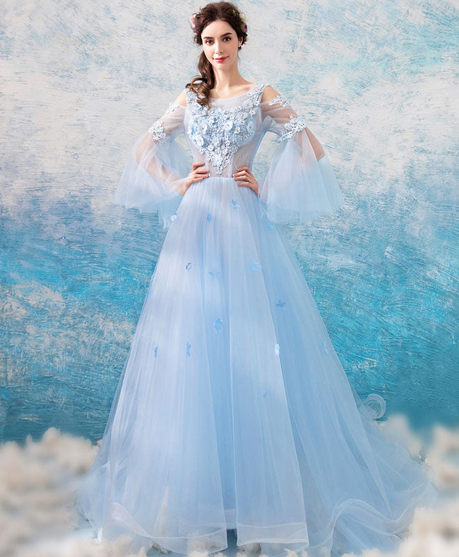 Elegant Blue Round Neck Tulle Lace Long Prom Dress - Formal Evening Gown for Homecoming, Ball, Wedding & Special Occasions