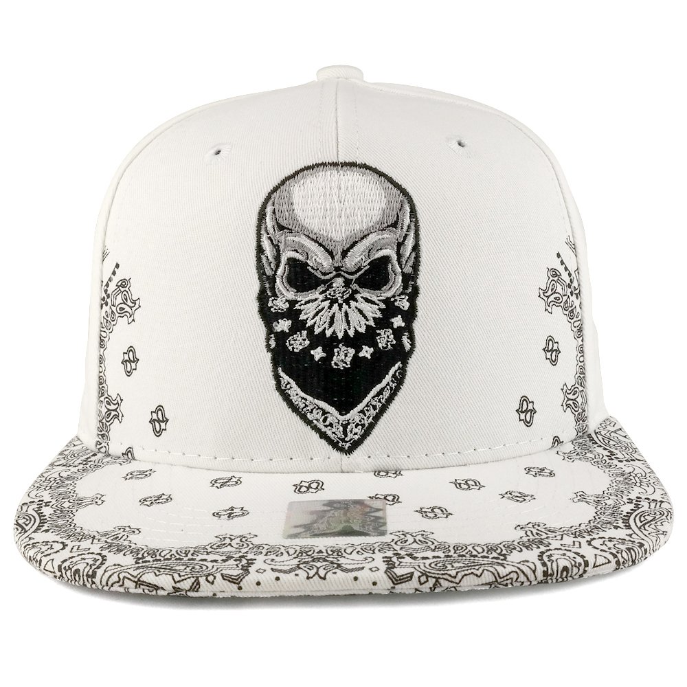 Trendy Skull Bandana Embroidered Paisley Print Flatbill Cap - Stylish Unisex Adjustable Baseball Hat for Men & Women - Perfect for Outdoor Activities, Concerts, and Streetwear Fashion