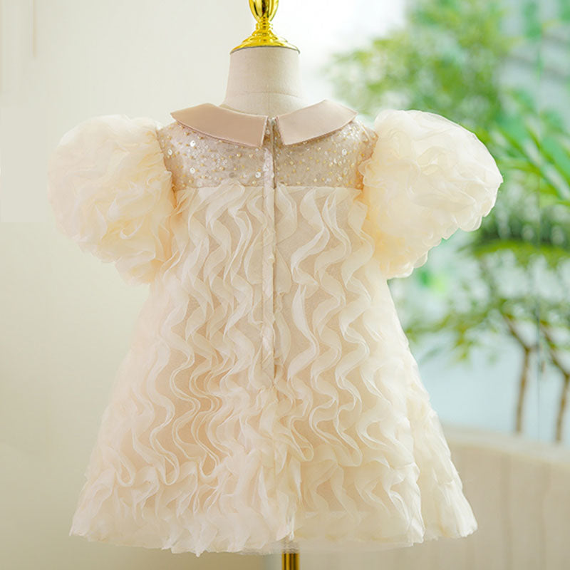 Baby Girl Communion Dress with Puff Sleeves & Doll Collar - Elegant Princess Gown for Weddings, Parties & Special Occasions