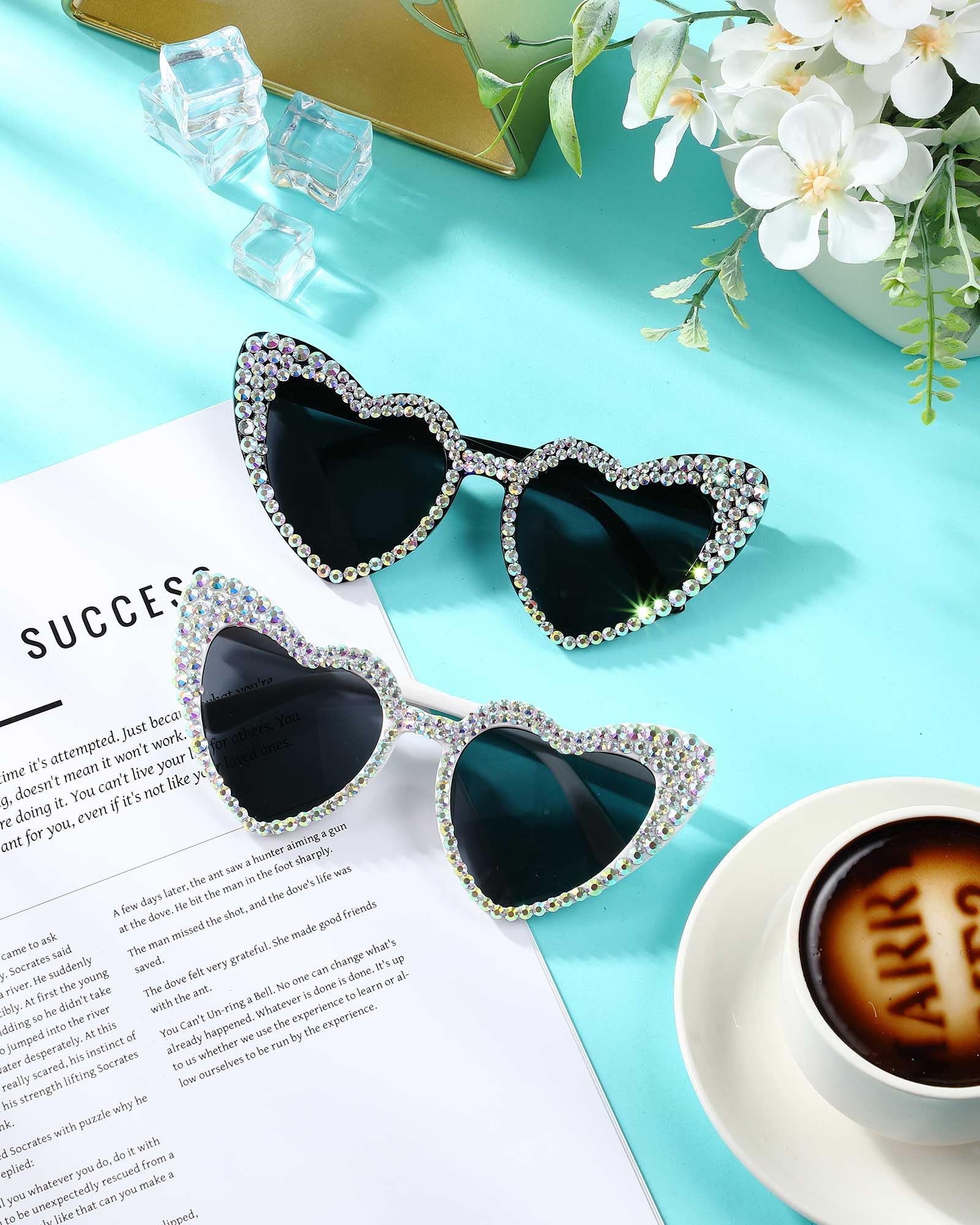Kanayu 2 Pairs Heart-Shaped Sunglasses - Sparkling Rhinestone Bridal Glasses for Bride & Groom - Perfect for Bachelorette Parties, Weddings & Honeymoon Getaways - Fun Accessories for Beach Vacations & Romantic Photos
