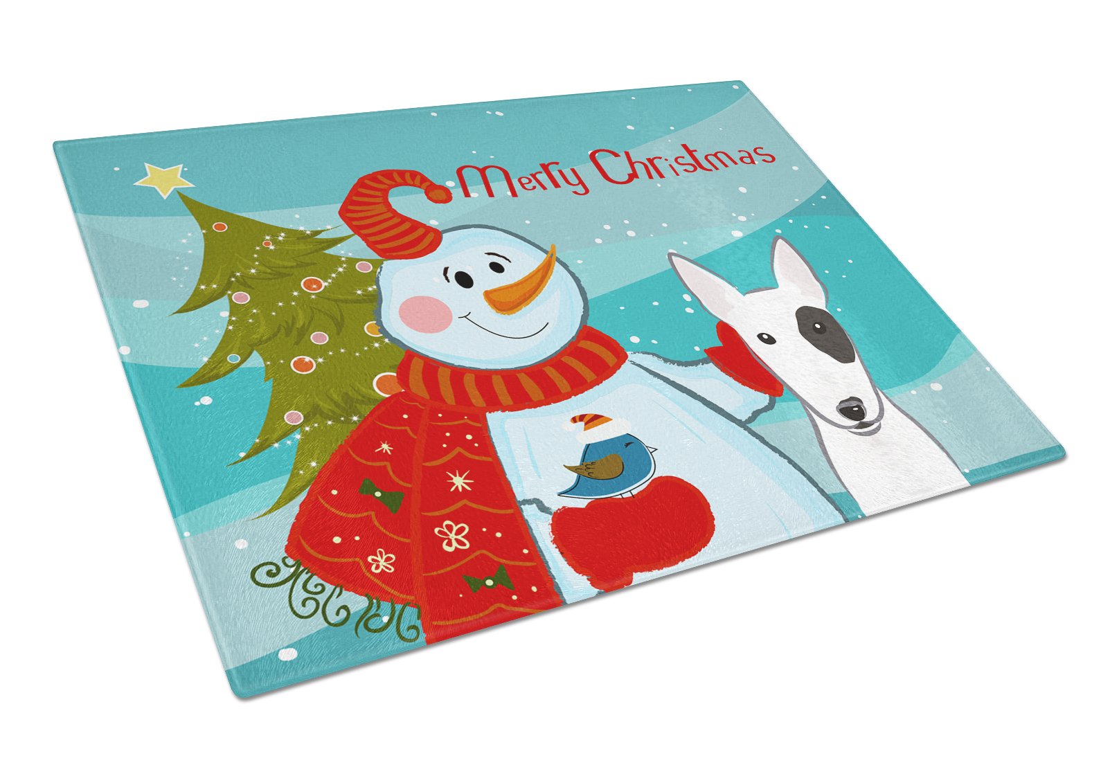 Snowman with Bull Terrier Tempered Glass Cutting Board - Large Decorative Kitchen Chopping & Serving Board for Holiday Entertaining - Durable Christmas Themed Glass Cutting Surface for Cheese, Charcuterie & Party Platters
