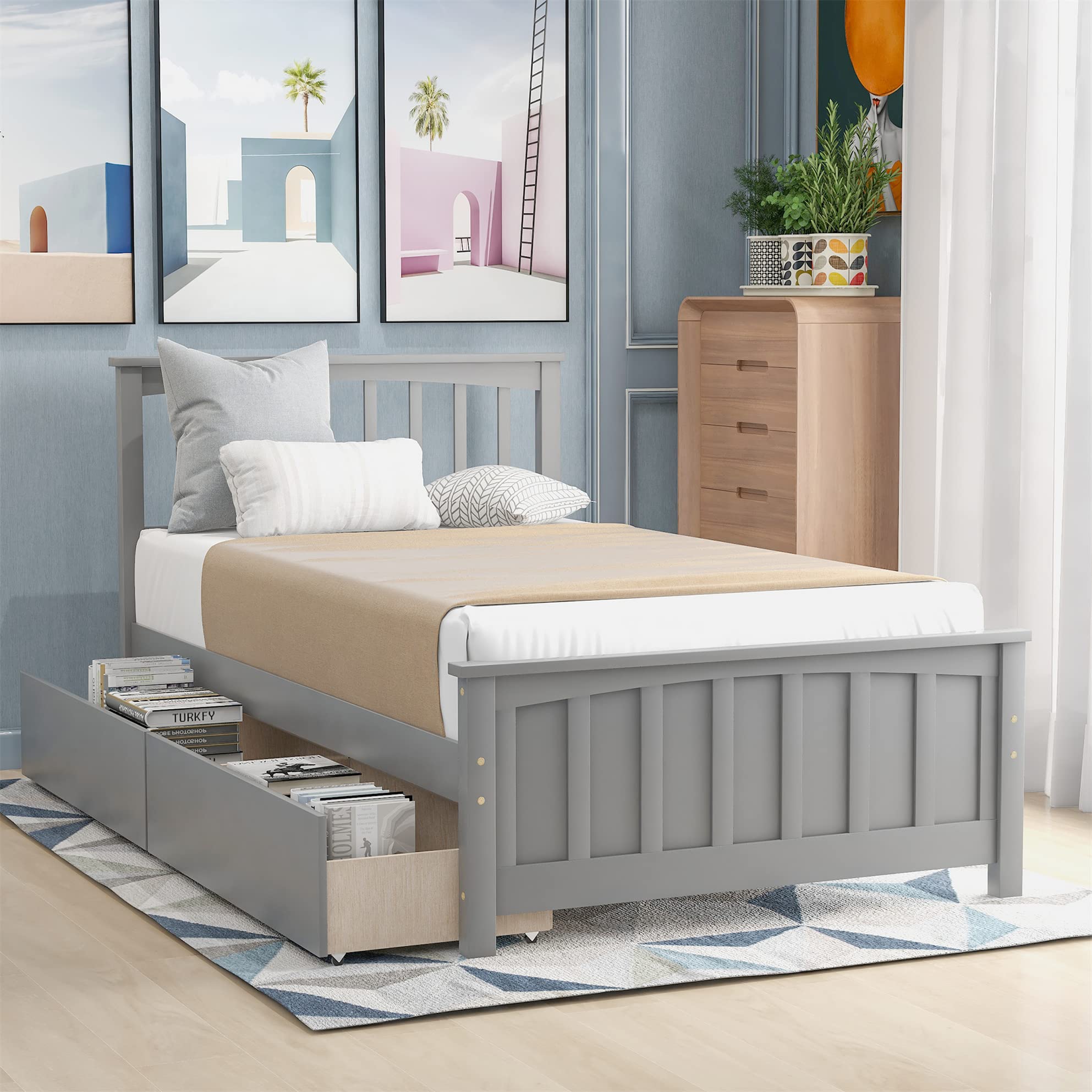Harper & Bright Designs Twin Size Wood Platform Bed Frame with Headboard, 2 Storage Drawers & Wooden Slat Support - No Box Spring Needed (Grey) | Perfect for Kids Bedroom, Guest Room & Small Space Furniture Solution