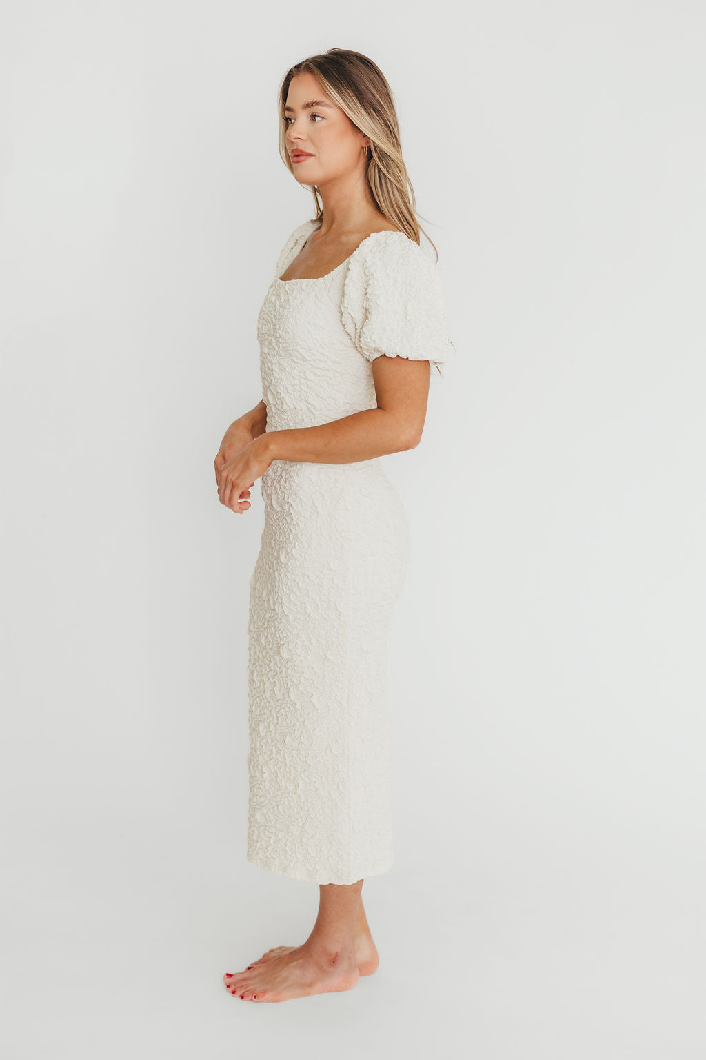 Blakeley Textured Midi Dress in Ivory - Bump Friendly Maternity Dress & Inclusive Sizing (S-3XL) | Perfect for Baby Showers, Bridal Events & Everyday Wear